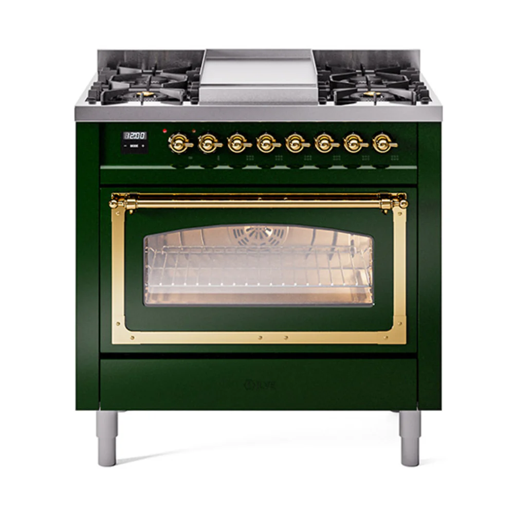 ILVE Nostalgie II Noblesse 36-Inch Dual Fuel Range and Triple Glass Door in Emerald Green with Brass Trim (UN36FNMPEGG)