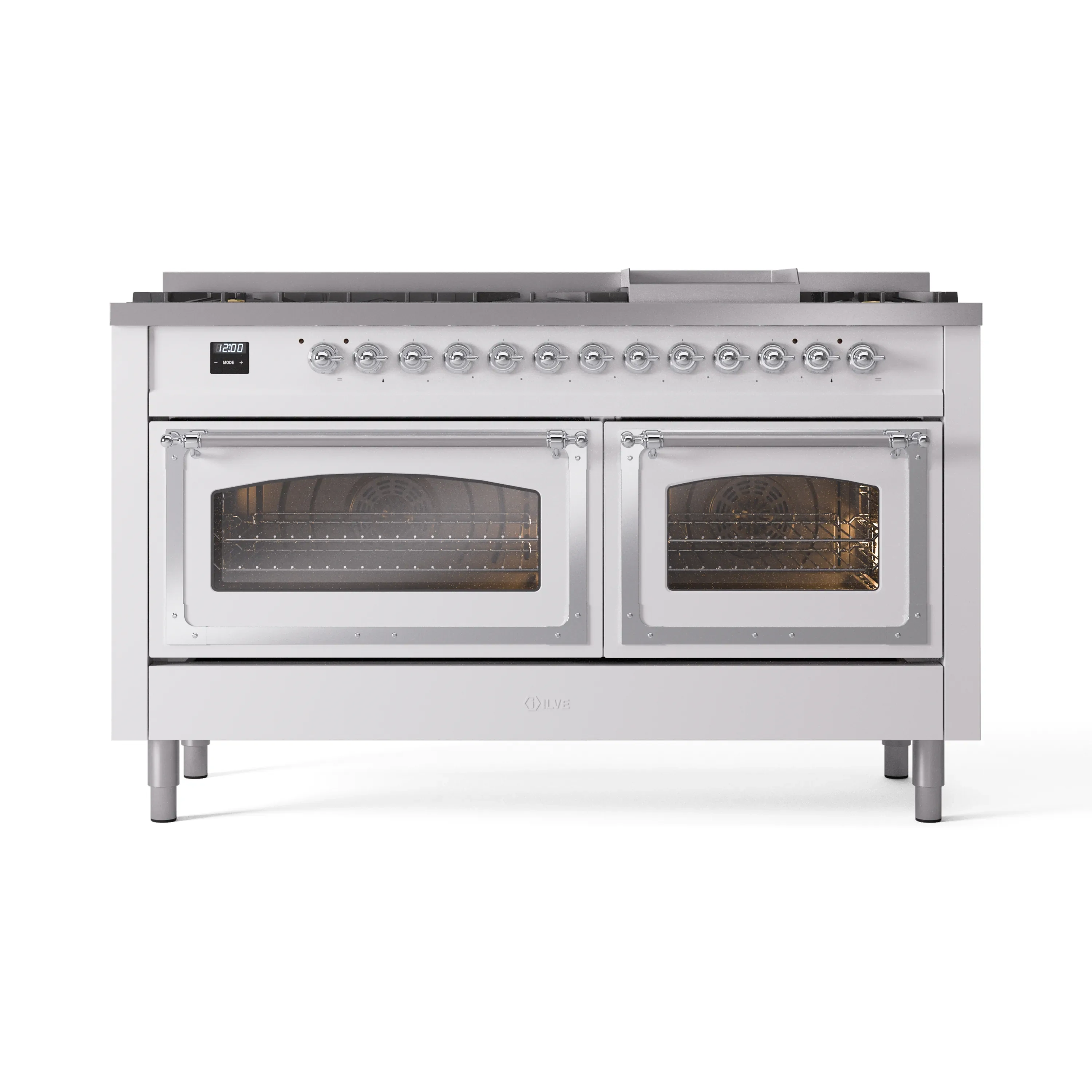 ILVE 60-Inch Nostalgie II Noblesse Dual Fuel Range with 9 Sealed Burners, Griddle, Triple Glass Door Oven in White with Chrome Trim (UN60FNMPWHC)