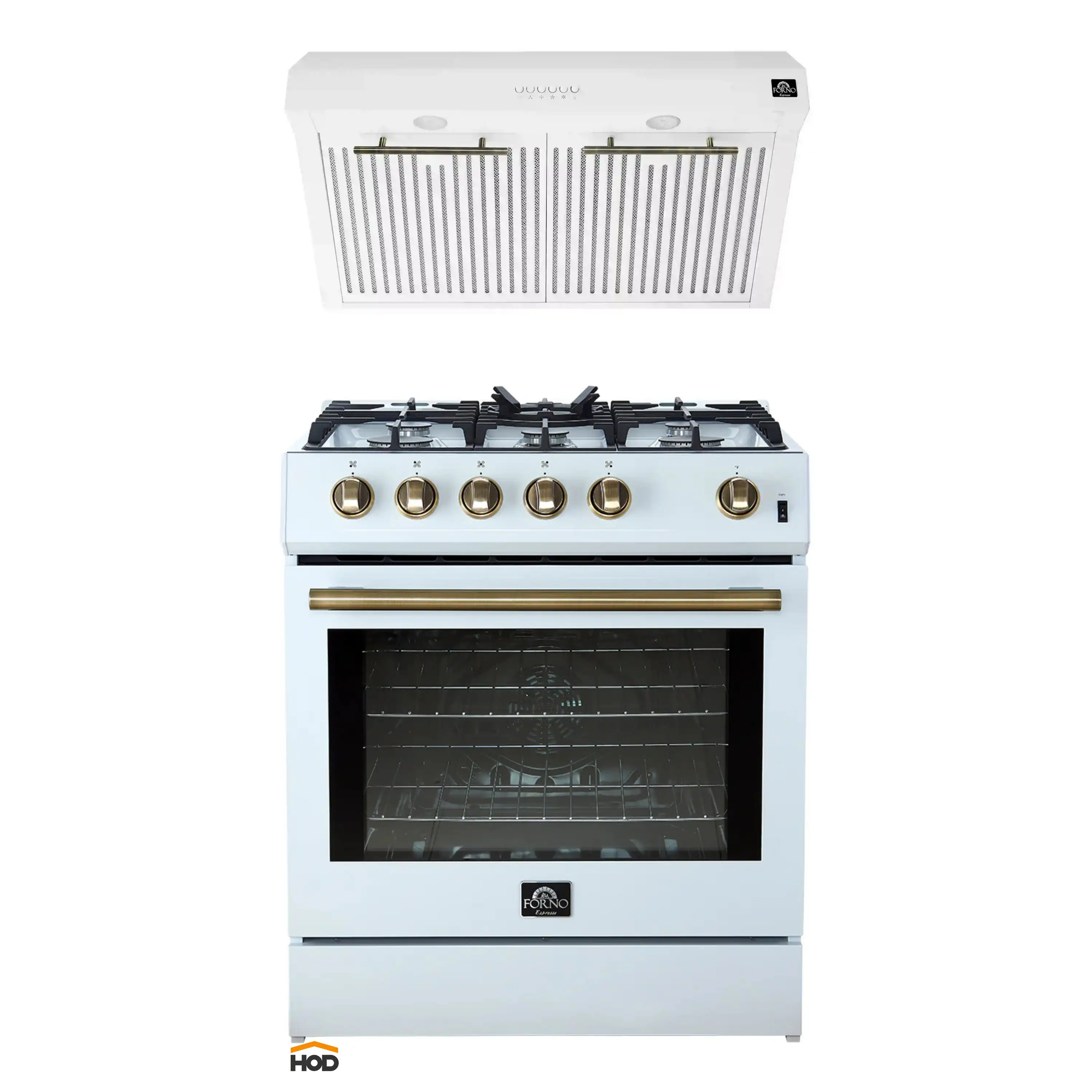 Forno 2-Piece Appliance Package - 30-Inch Gas Range & Under Cabinet Range Hood in White with Antique Brass Trim
