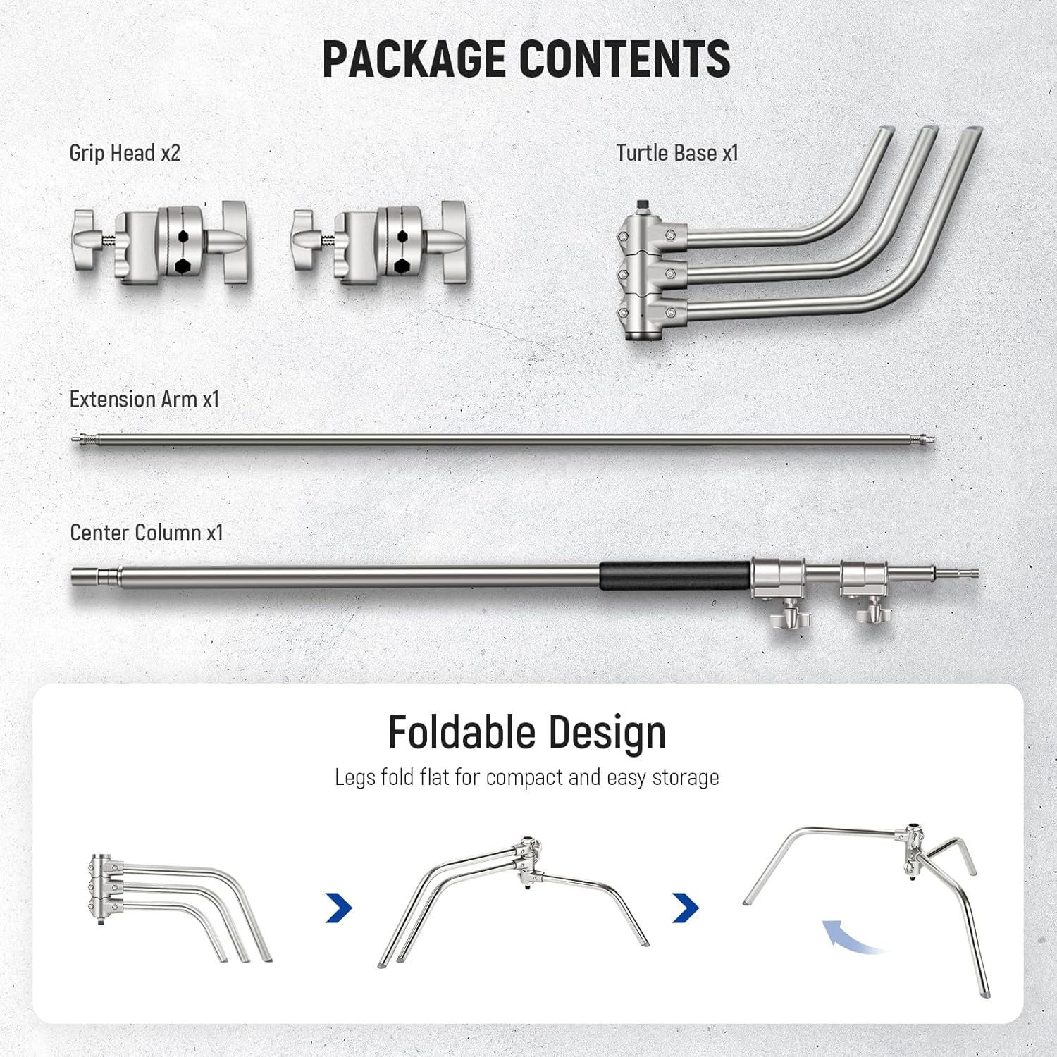 NEEWER Basics 100% Stainless Steel Heavy Duty C Stand with Boom Arm, Max 10.5ft/320cm Photography Light Stand, 4.2ft/128cm Holding Arm, 2 Grip Heads for Studio Monolight Softbox Reflector, SC320 Lite