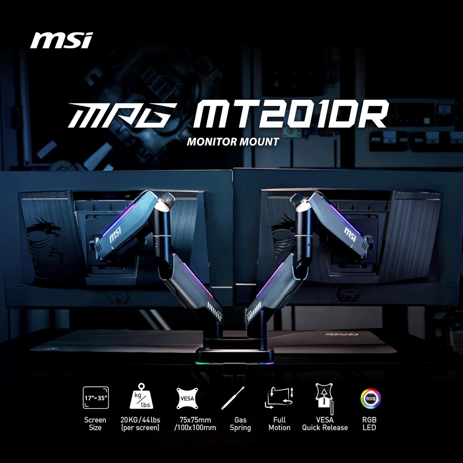 MSI MPG MT201DR - Premium RGB Dual Monitor Stand Arms, 17-35