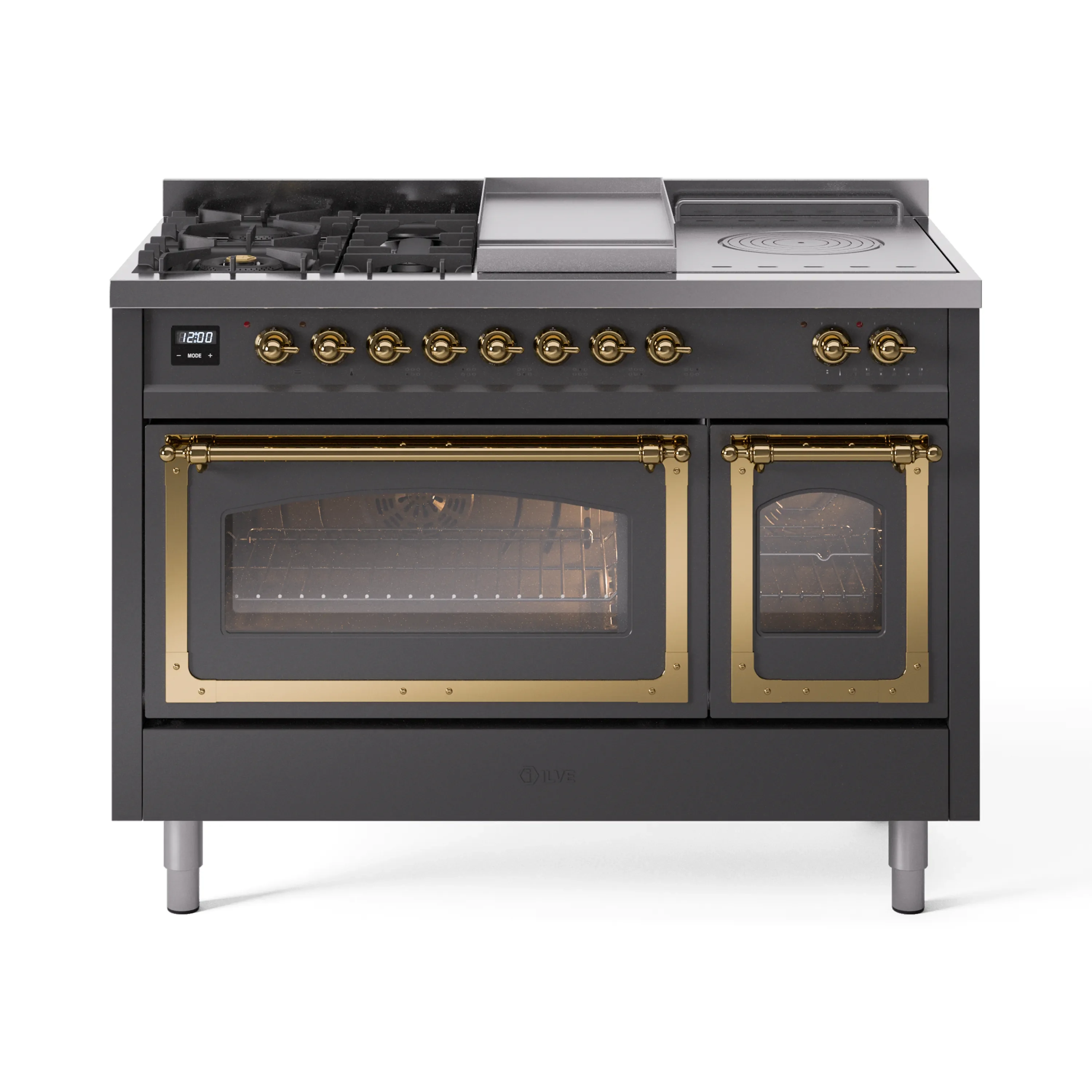 ILVE 48-Inch Nostalgie II Noblesse Dual Fuel Range with 5 Sealed Burners, Griddle, French Top and Triple Glass Door Oven in Matte Graphite with Brass Trim (UN48FSNMPMGG)