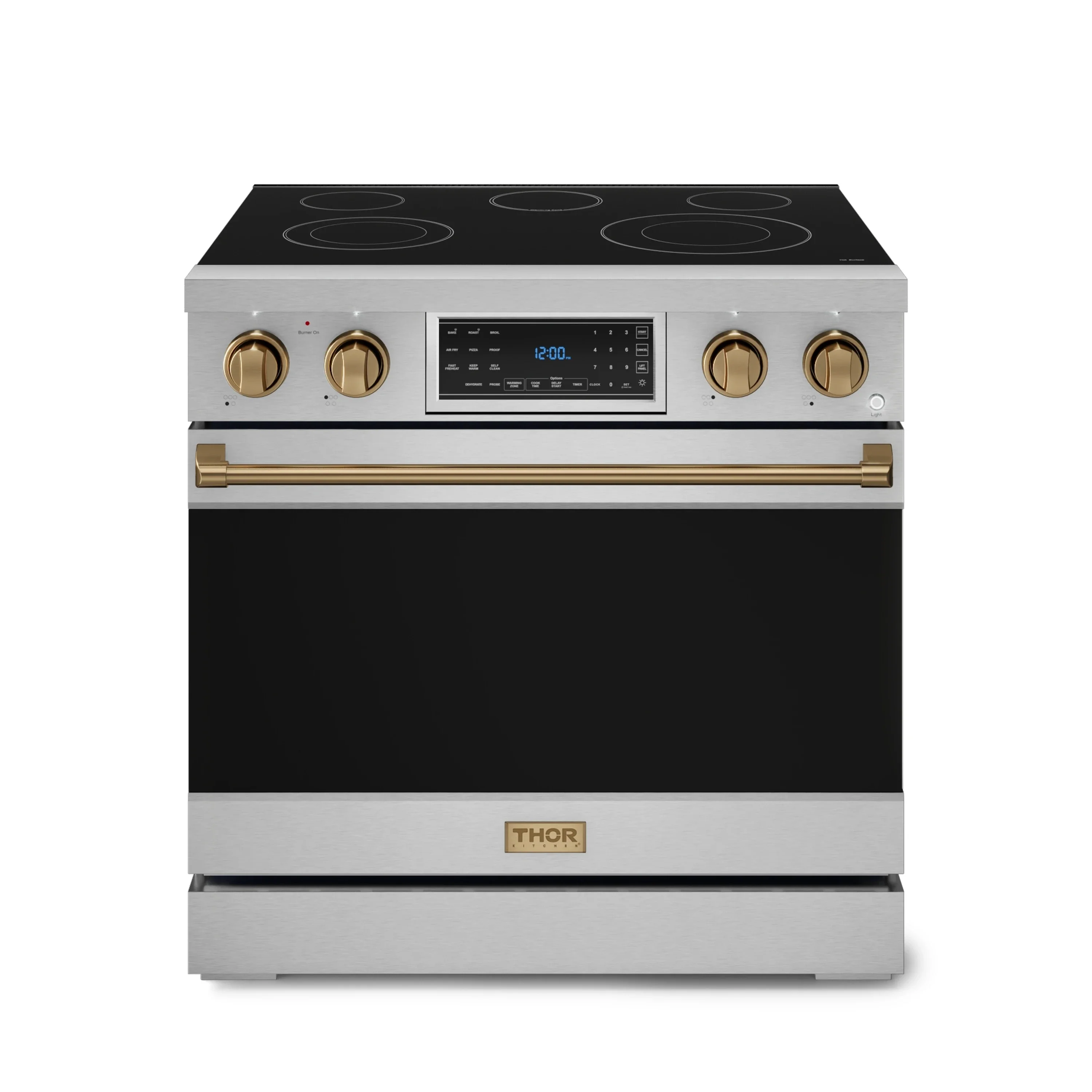 Gordon Ramsay by Thor Kitchen 36-Inch Professional Electric Range with Tilt Panel Touch Control and 6.0 Cu. Ft. Oven with Air Fryer and Self Clean in Stainless Steel with Bronze Trim (RSE36-BRZ)