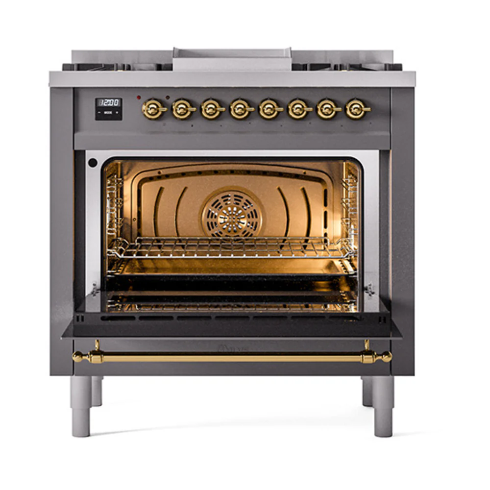 ILVE Nostalgie II Noblesse 36-Inch Dual Fuel Range and Solid Door Oven in Matte Graphite with Brass Trim (UN36FQNMPMGG)