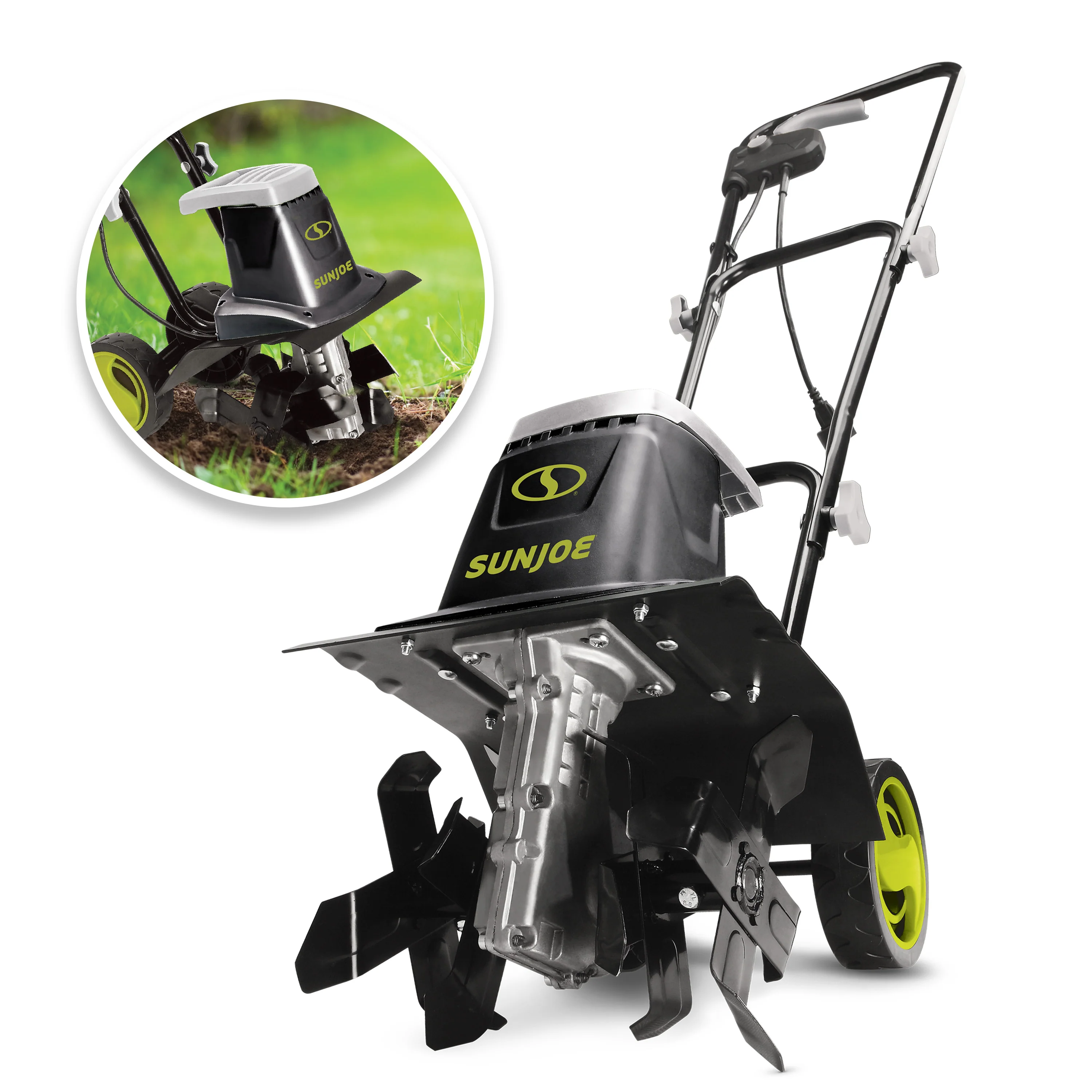 Sun Joe TJ602E Electric Garden Tiller + Cultivator | 12-inch | 8-Amp | 3-Position Height Adjustment