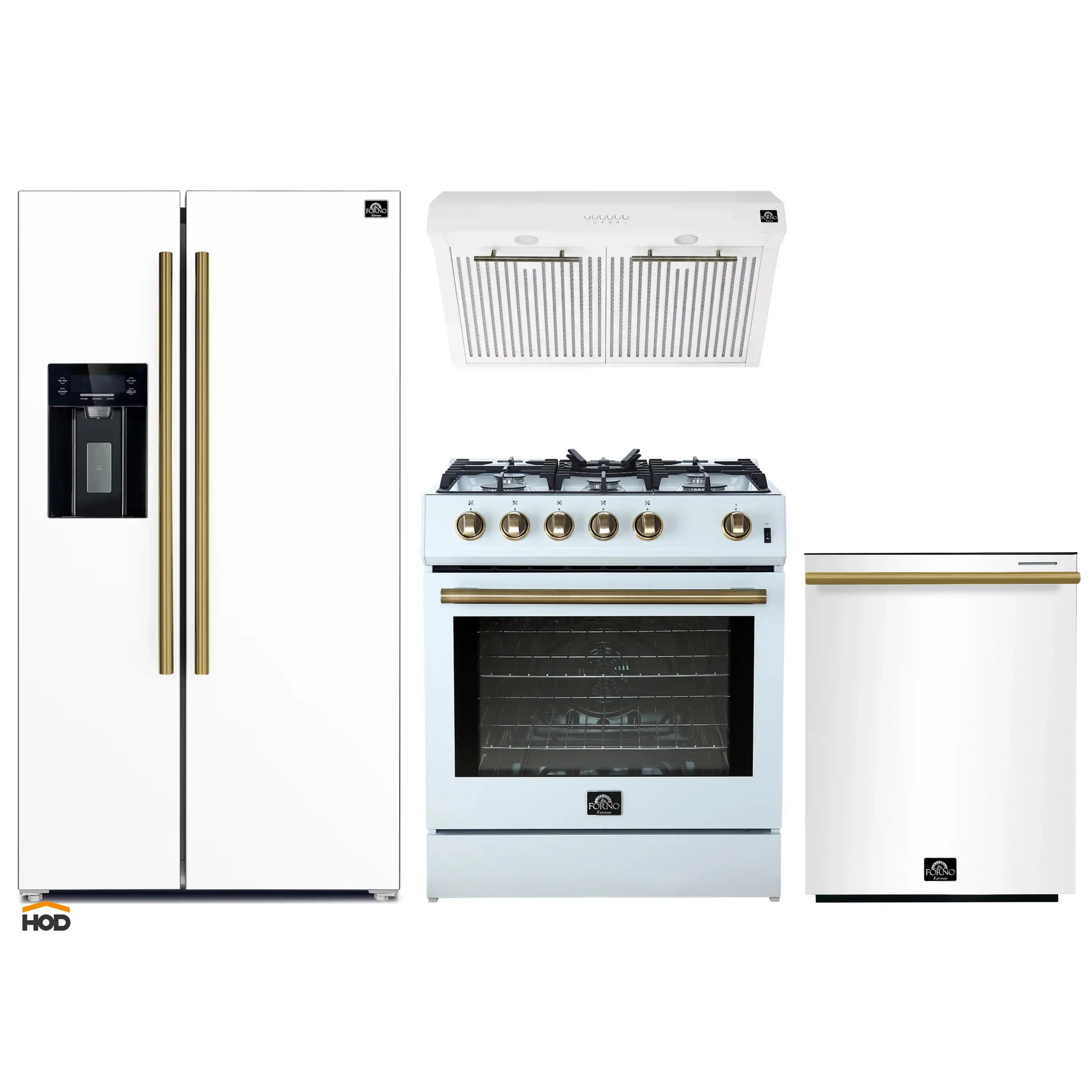 Forno 4-Piece Appliance Package - 30-Inch Gas Range, Under Cabinet Range Hood, Refrigerator with Water Dispenser, and Dishwasher in White with Antique Brass Trim