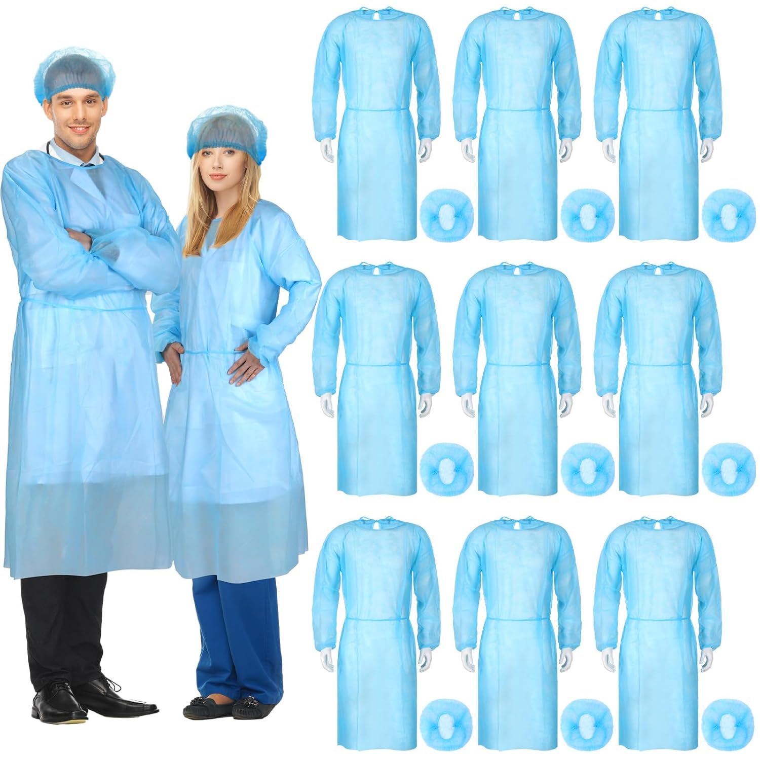 Xuhal Disposable Isolation Gowns Set PPE Gowns Disposable and Non Woven Bouffant Caps with Elastic Cuffs for Labs Home Isolation Beauty Agencies Food Service, Unisex Adult (Blue,300 Set)