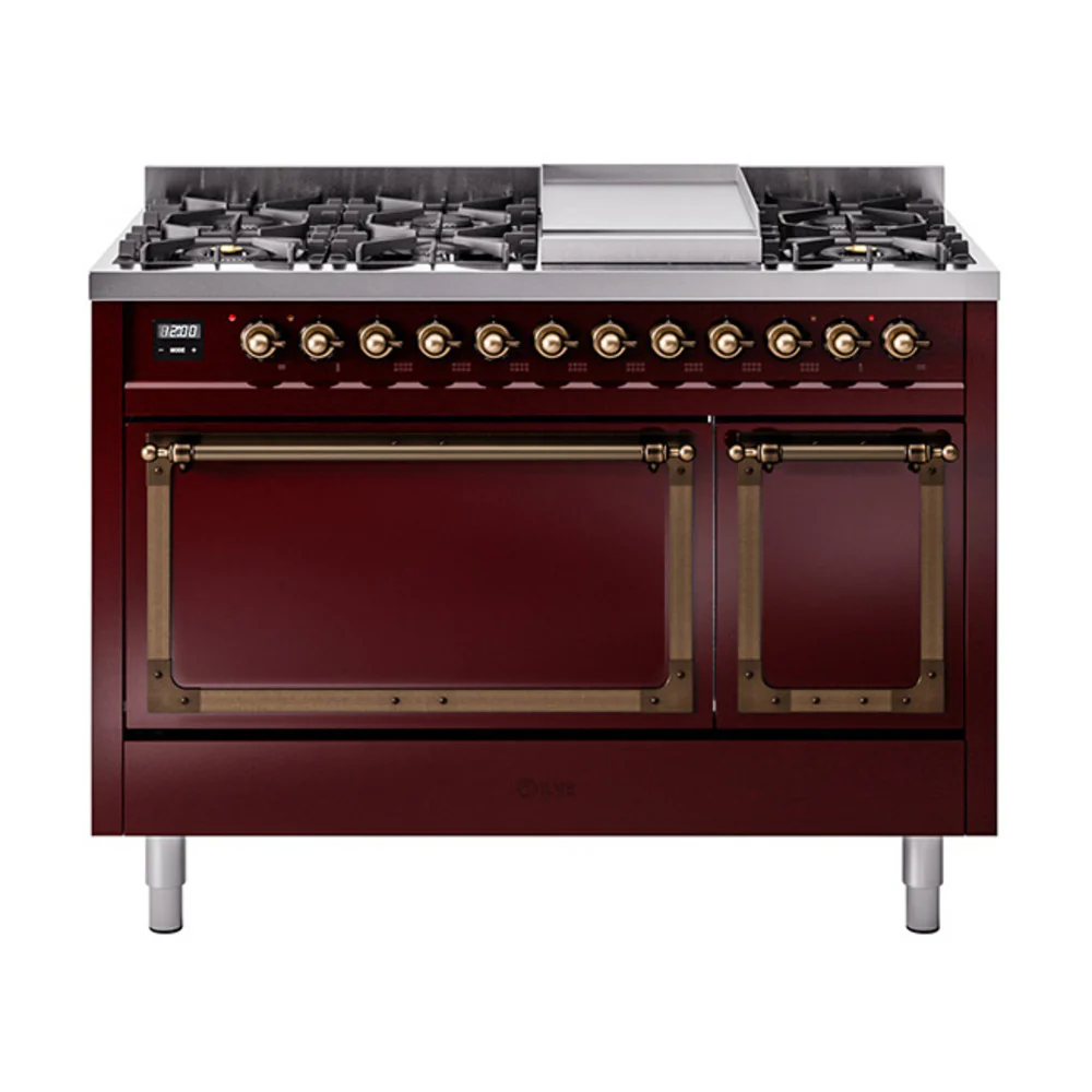 ILVE Nostalgie II Noblesse 48-Inch Dual Fuel Freestanding Range with Solid Door Oven in Burgundy with Bronze Trim (UN48FQNMPBUB)