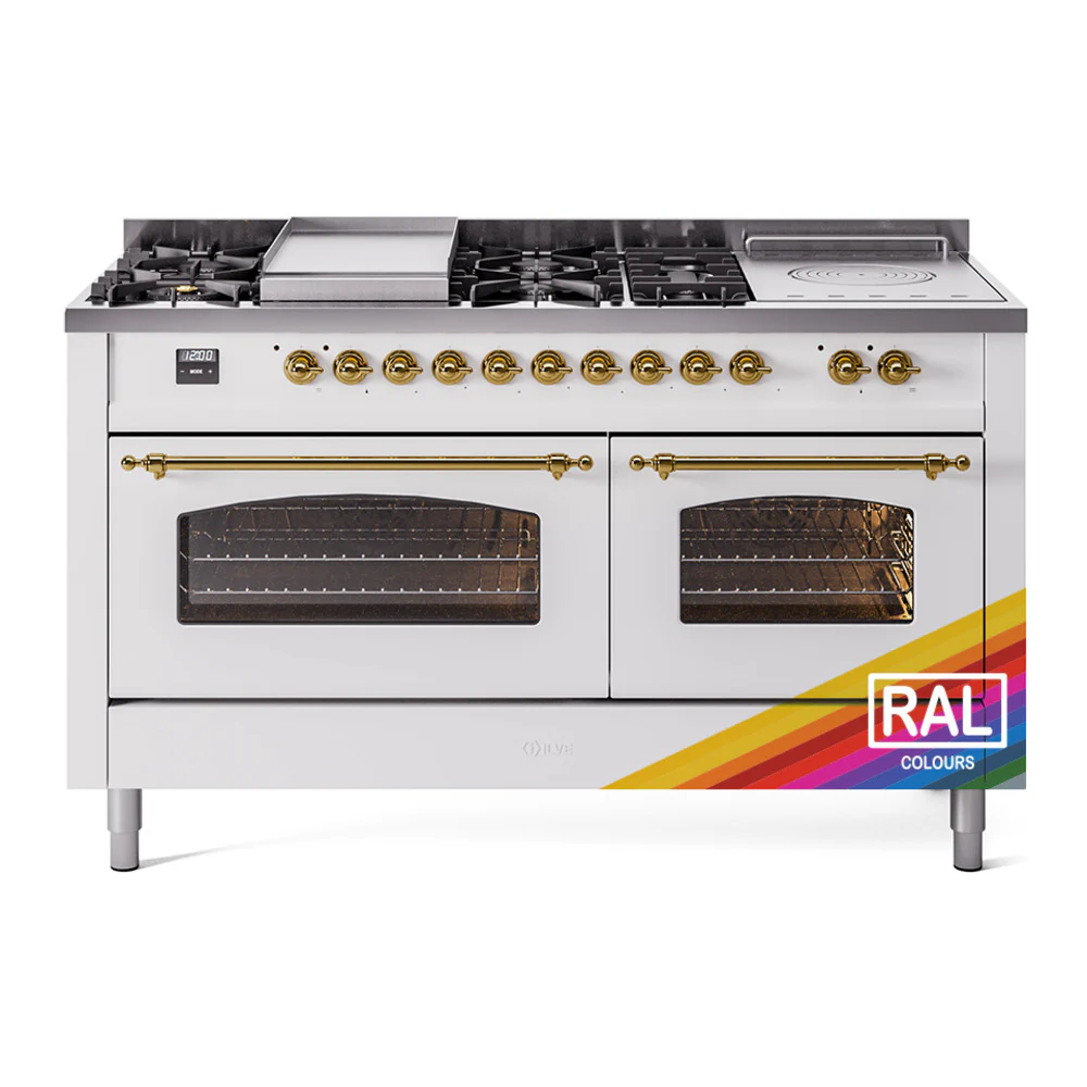 ILVE Nostalgie II 60-Inch Dual Fuel Range with 7 Burners, Griddle, & French Top with Triple Glass Door Oven in Custom RAL with Brass Trim (UP60FSNMPRAG)