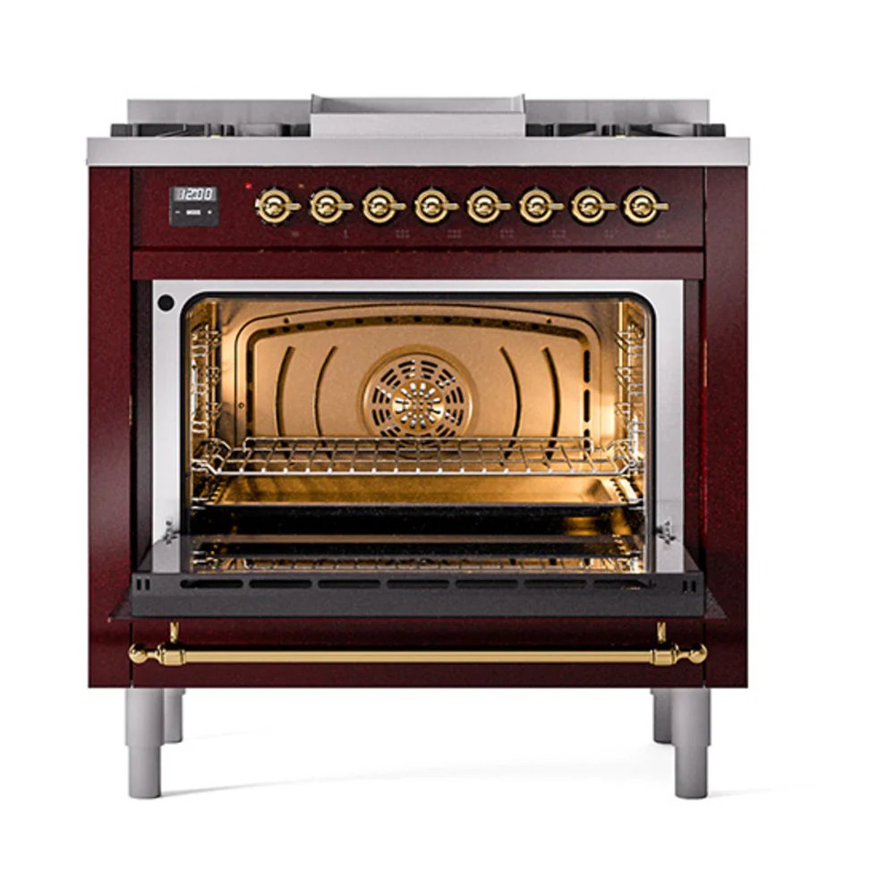 ILVE 36-Inch Nostalgie II Dual Fuel Range with 6 Burners and Solid Door Oven in Burgundy with Brass Trim (UP36FQNMPBUG)