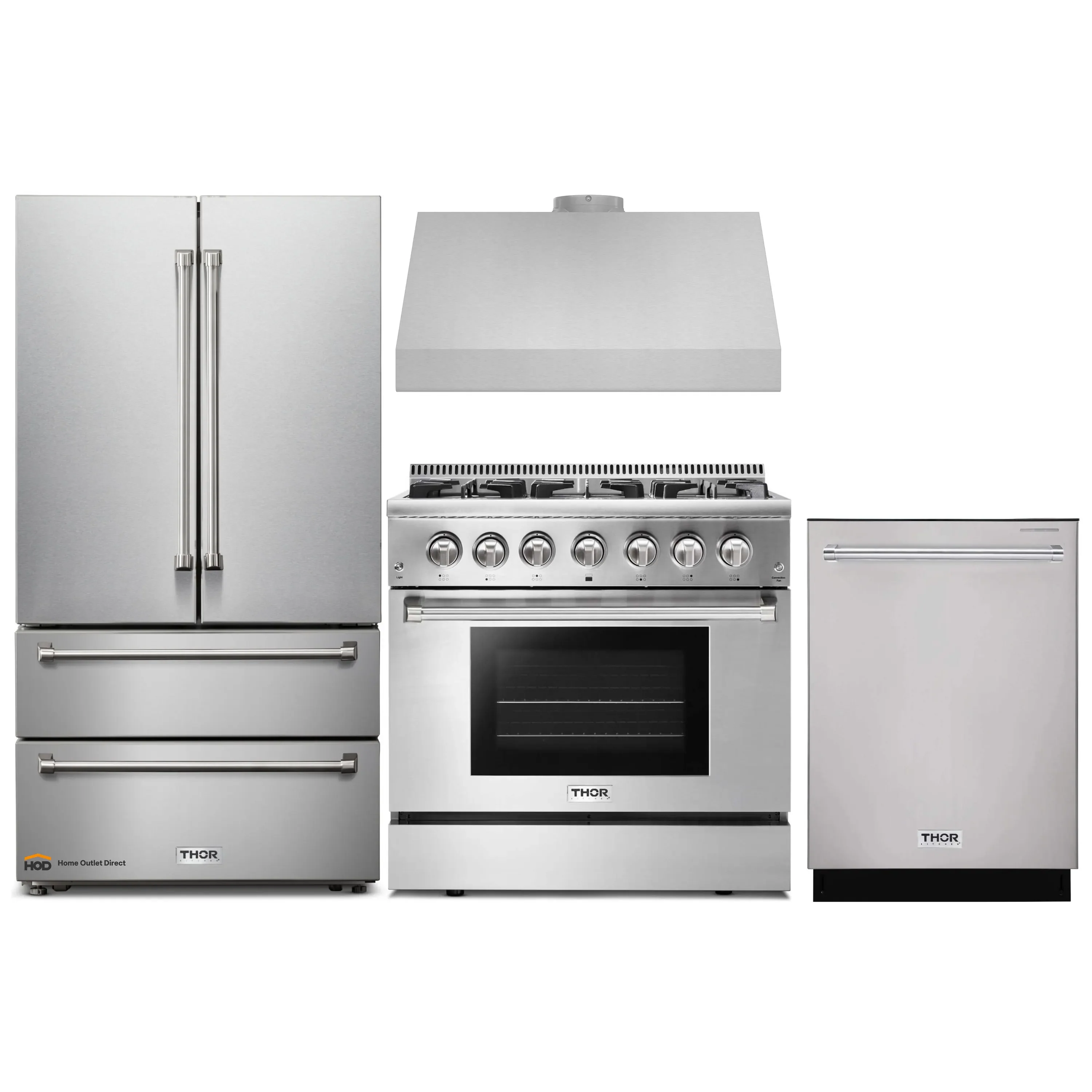 Thor Kitchen 4-Piece Pro Appliance Package - 36-Inch Dual Fuel Range, French Door Refrigerator, Under Cabinet Hood and Dishwasher in Stainless Steel