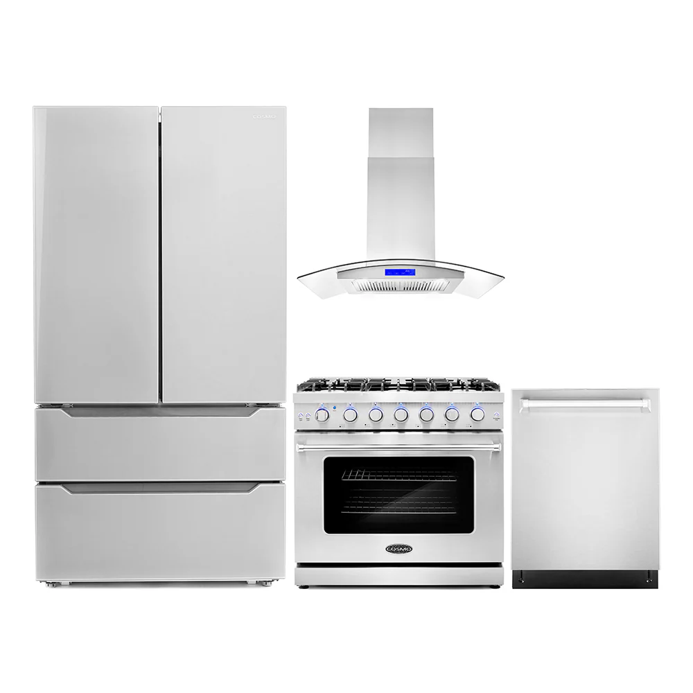 Cosmo 4-Piece Appliance Package - 36-Inch Gas Range, 36-Inch Island Range Hood, Dishwasher and Refrigerator in Stainless Steel (COS-4PKG-118)