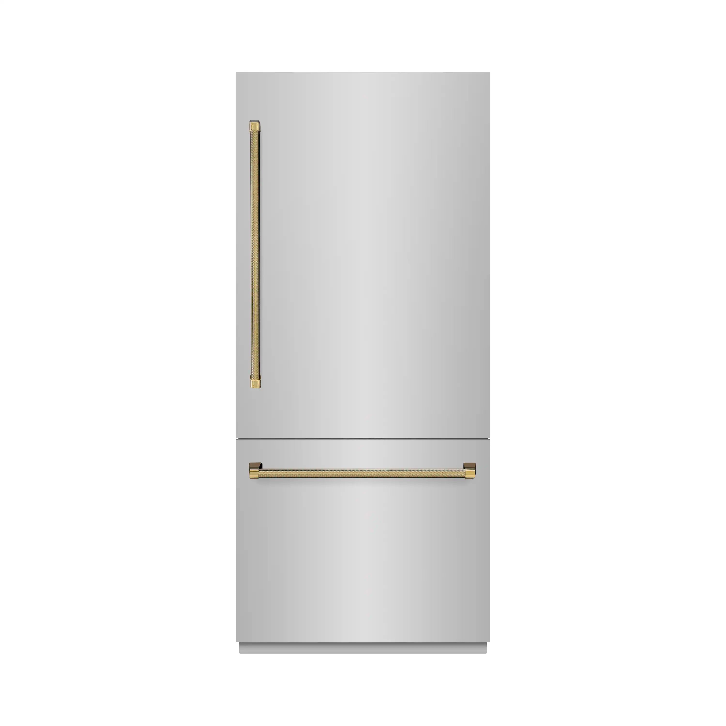 ZLINE Autograph 36-Inch Built-In Refrigerator w/ Gray Interior and Polished Gold Helix Handles (GRBITZ-30436KG)
