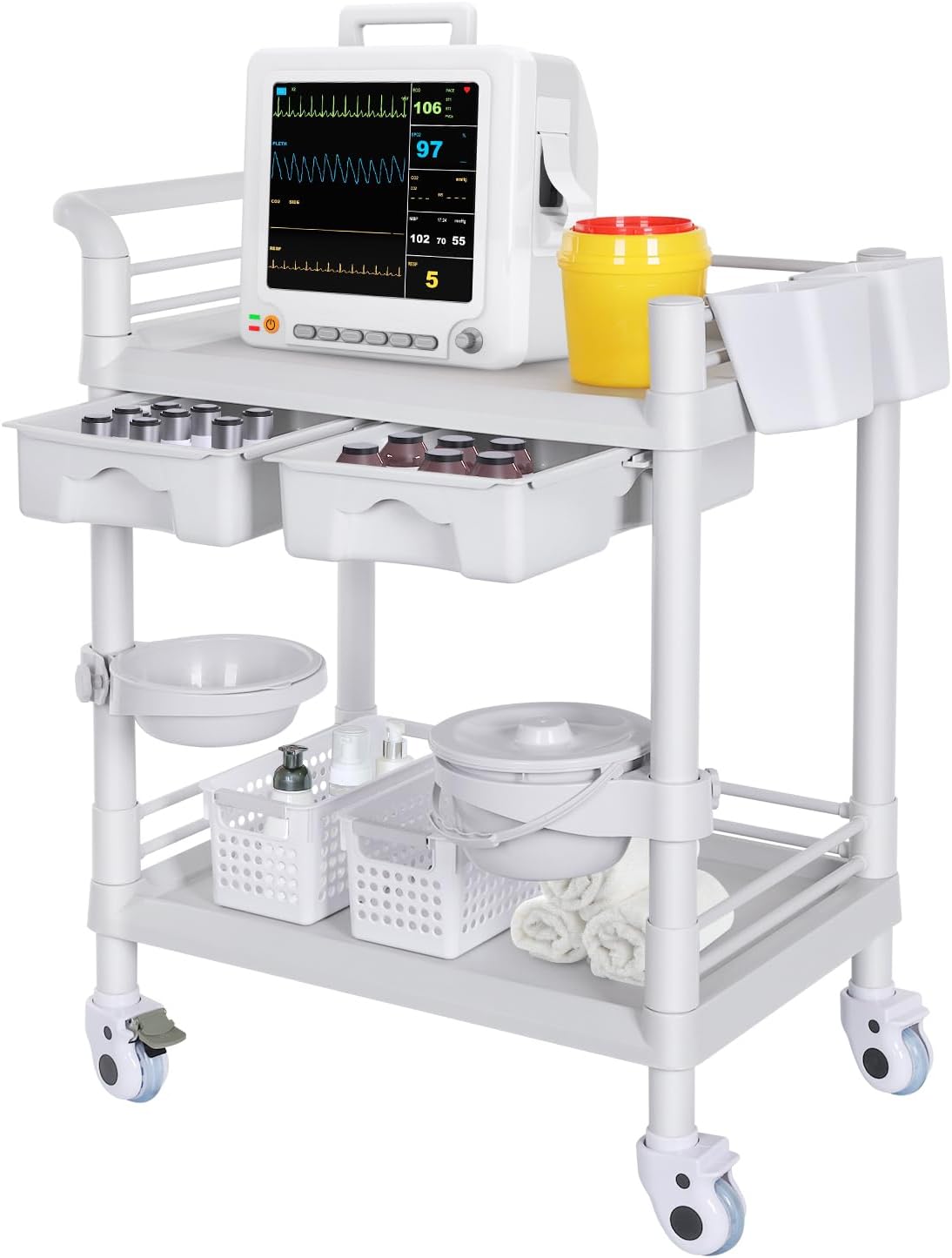 Medical Carts with Wheels 2 Tier Mobile Esthetician Cart 220 LBS Load Hospital Trolley Cart for Ultrasound Scanner Utility Cart with Bucket Sharp Box Storage Basket for Beauty Salon Dental Clinic Home