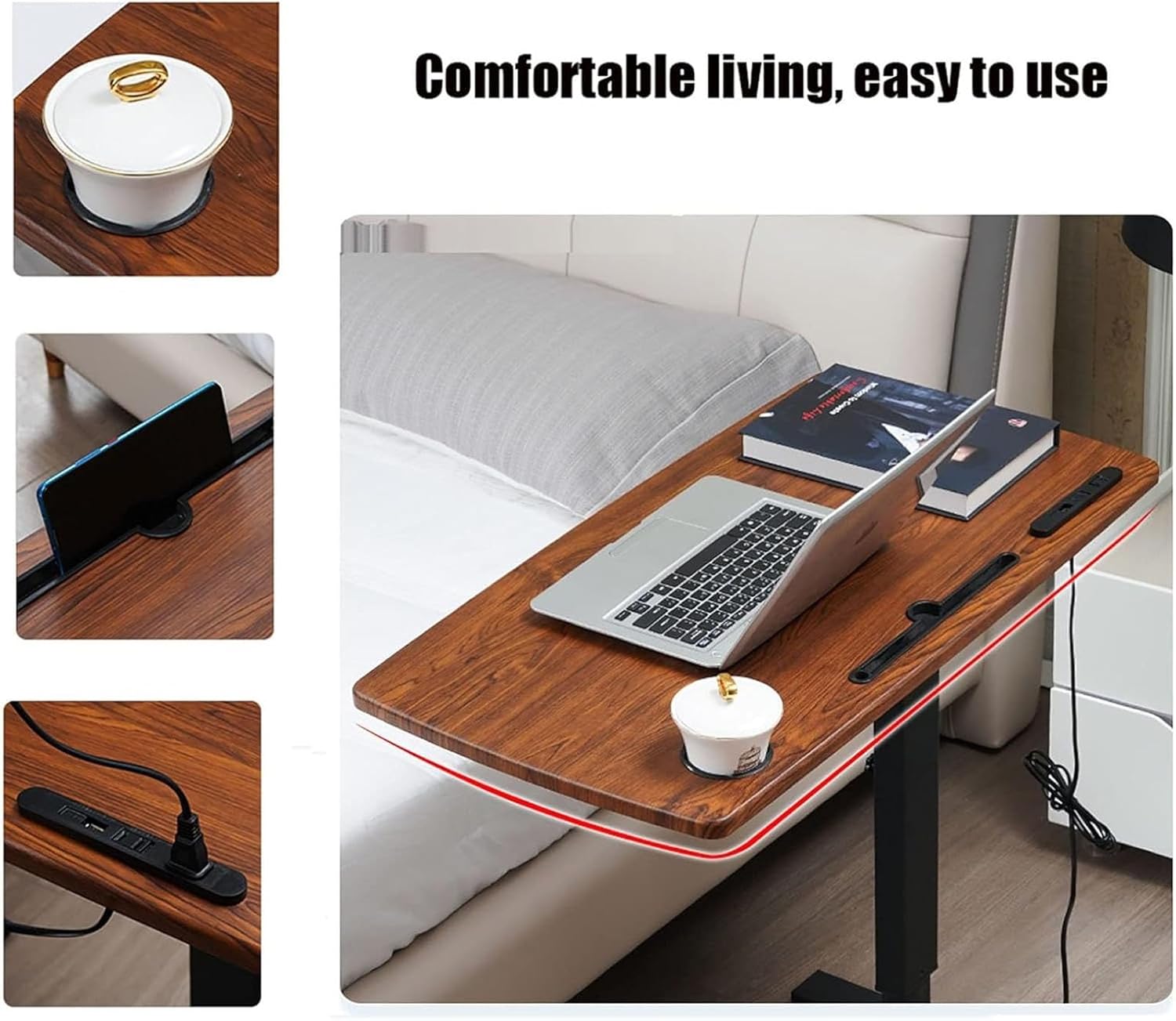 Overbed Table with Wheels, Adjustable Height Hospital Bed Table, Mobile Snack Table,for Laptop Bed Sofa Side Table Hospital Home Use(Natural)