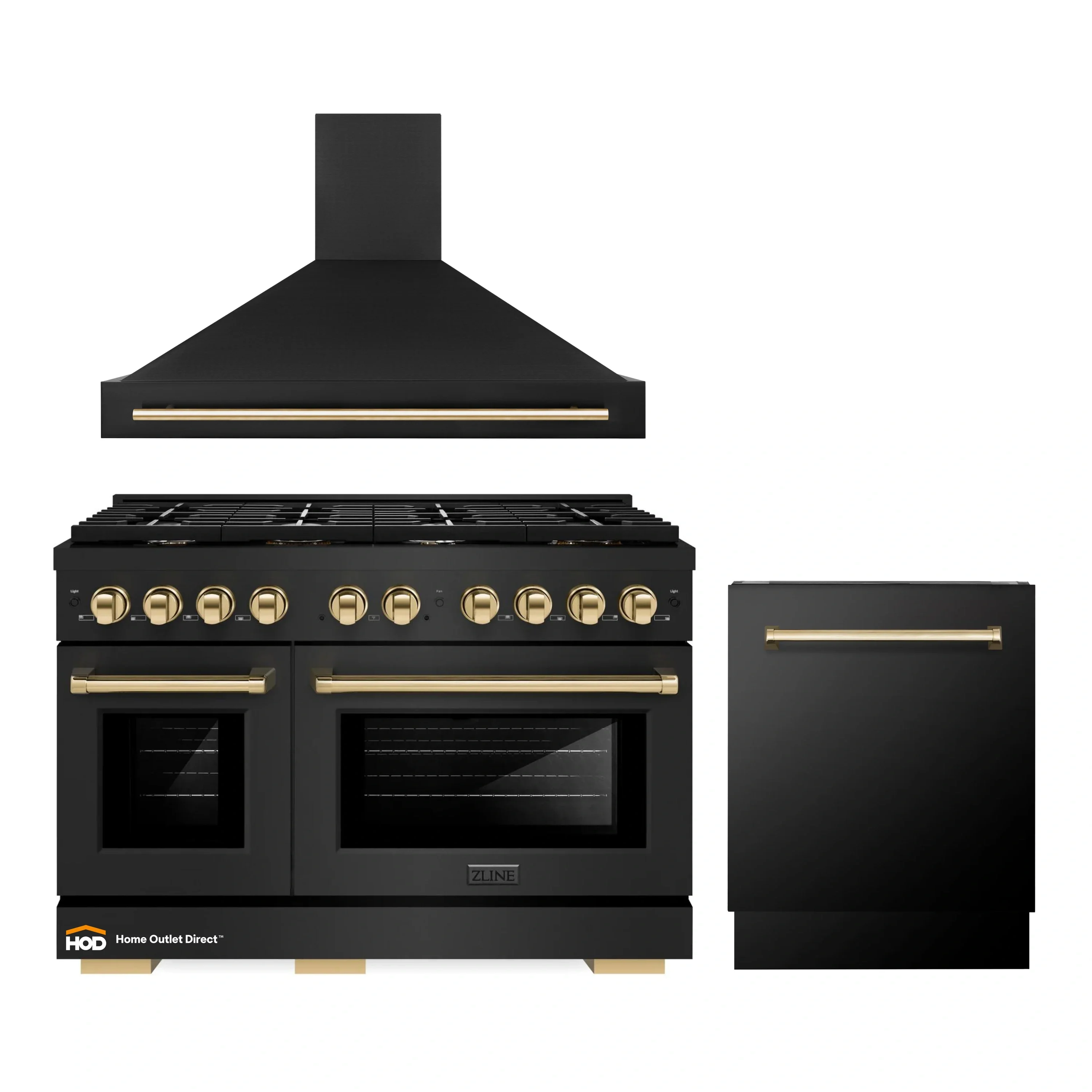 ZLINE Autograph Edition 3-Piece Appliance Package - 48-Inch Gas Range, Wall Mounted Range Hood, & 24-Inch Tall Tub Dishwasher in Black Stainless Steel with Gold Trim (3AKPR-SGRBRHDWV48-G)