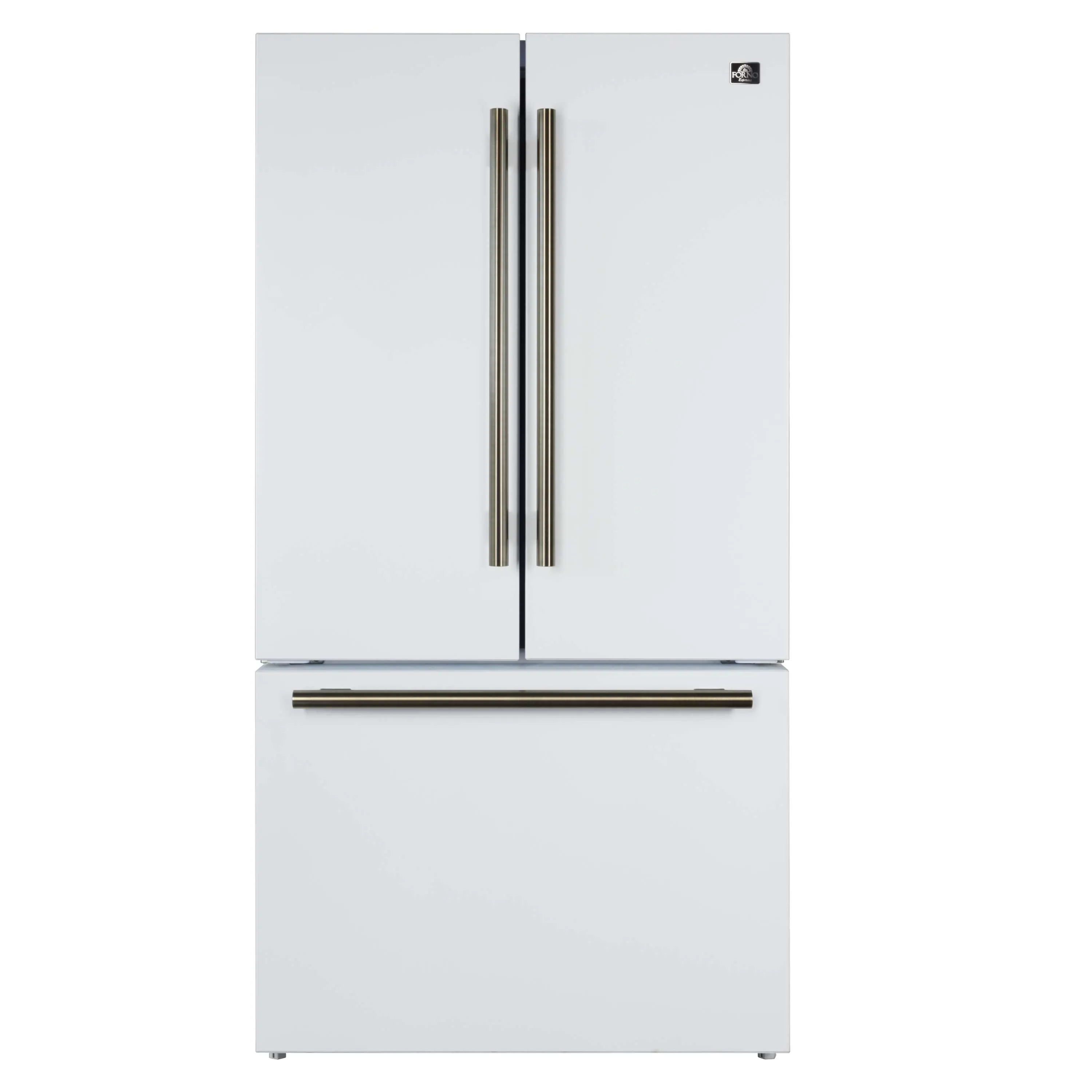 Forno Rivello 36-Inch French Door 27.4 Cu. Ft. Refrigerator with Internal Water Dispenser in White with Antique Brass Handles (FFFFD1783-36WHT)