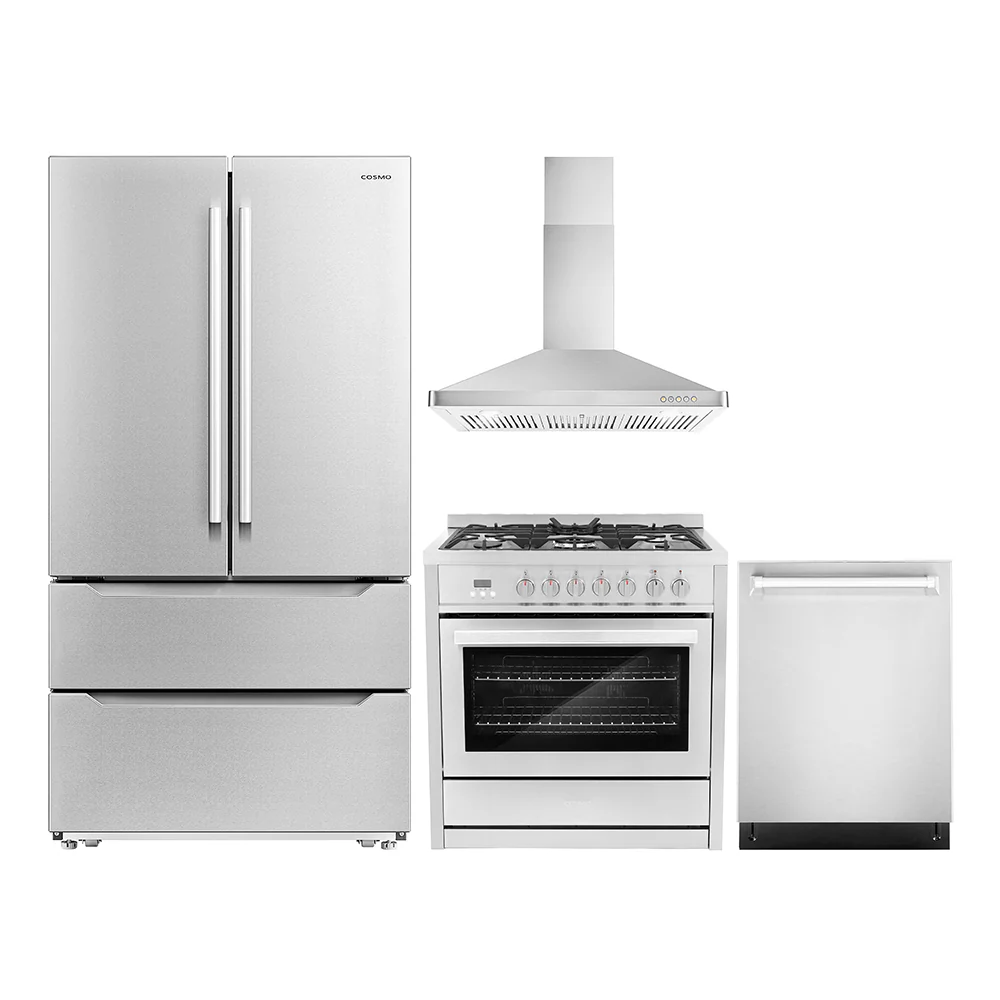 Cosmo 4-Piece Appliance Package - 36-Inch Single Oven Dual Fuel Range, Wall Mount Range Hood, Dishwasher and Refrigerator in Stainless Steel (COS-4PKG-154)