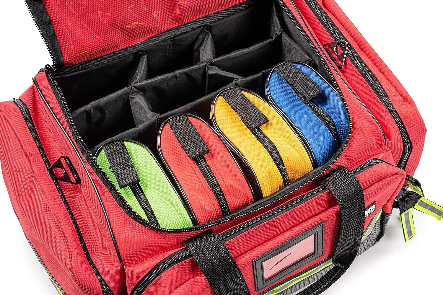 Scherber Fully-Stocked First Responder Professional Advanced EMT/EMS Trauma Kit | HSA/FSA Approved | Reflective Bag w/10+ Compartments, Zippered Pockets & 250+ First Aid Supplies (Red)