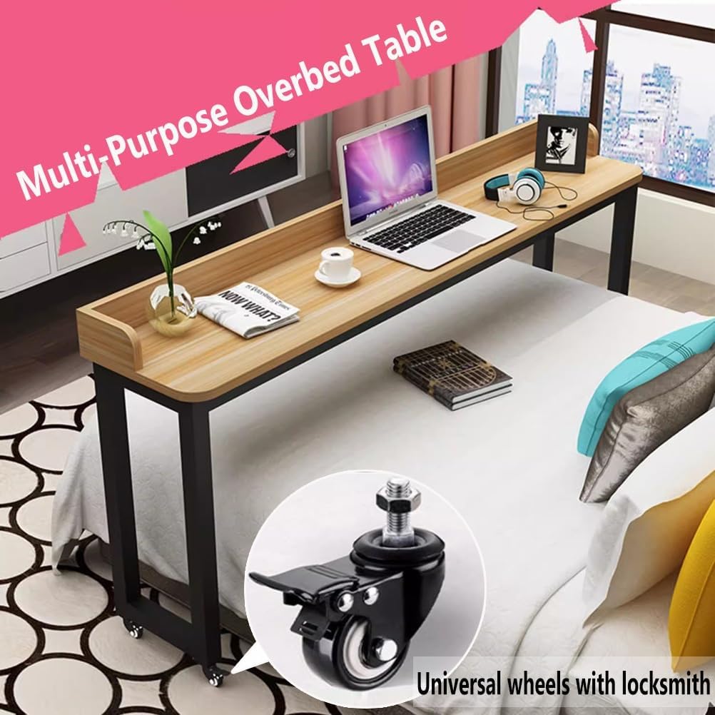 Overbed Table Overbed Table with Wheels, Mobile Bed Table with White Metal Legs for Bedroom, Rolling Tray Table for Living Room Hospital (Size : 150x40x80cm)