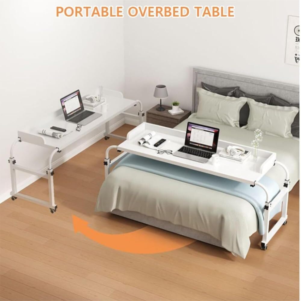Mobile Overbed Computer Table Overbed Desk Laptop Height & Length Adjustable Over Bed Table with Wheels and Tiltable Tabletop Hospital Nursing Table