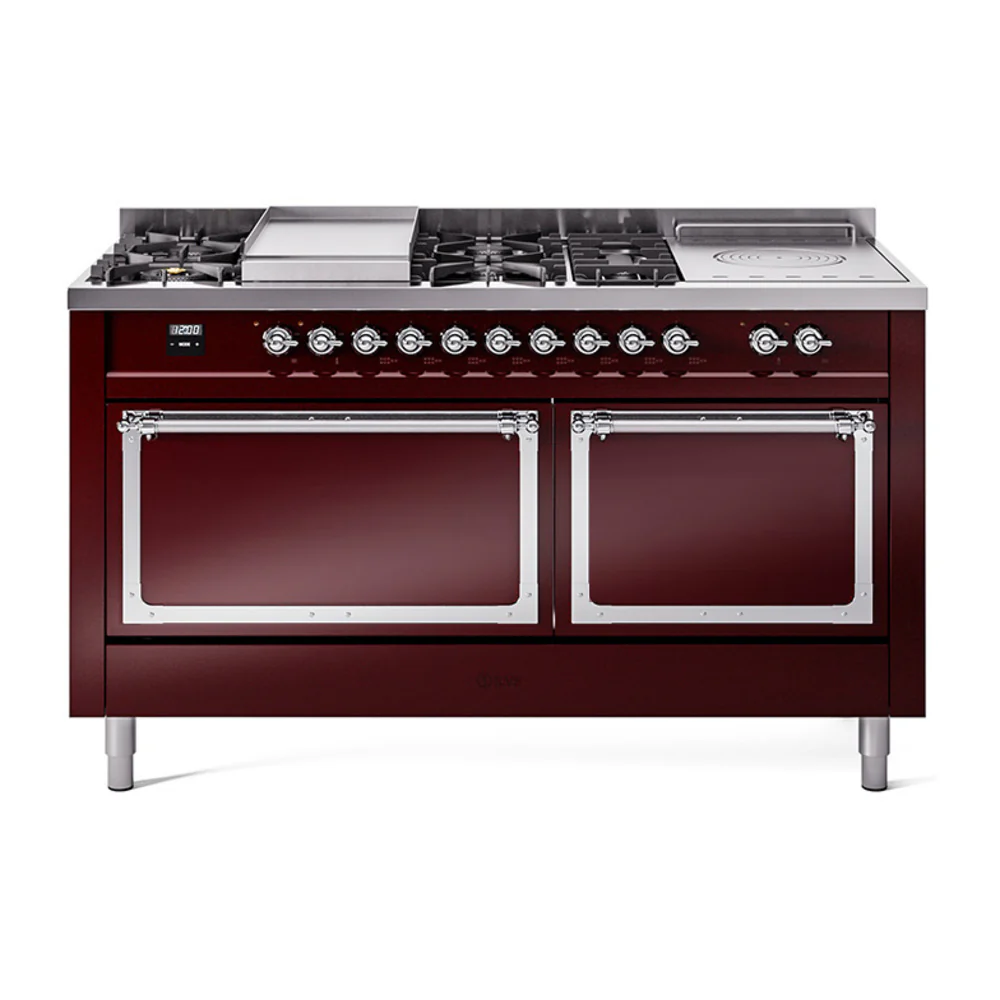 ILVE 60-Inch Nostalgie II Noblesse Dual Fuel Range with 7 Sealed Burners, Gridlde, French Top, and Solid Door Oven in Burgundy with Chrome Trim (UN60FSQNMPBUC)