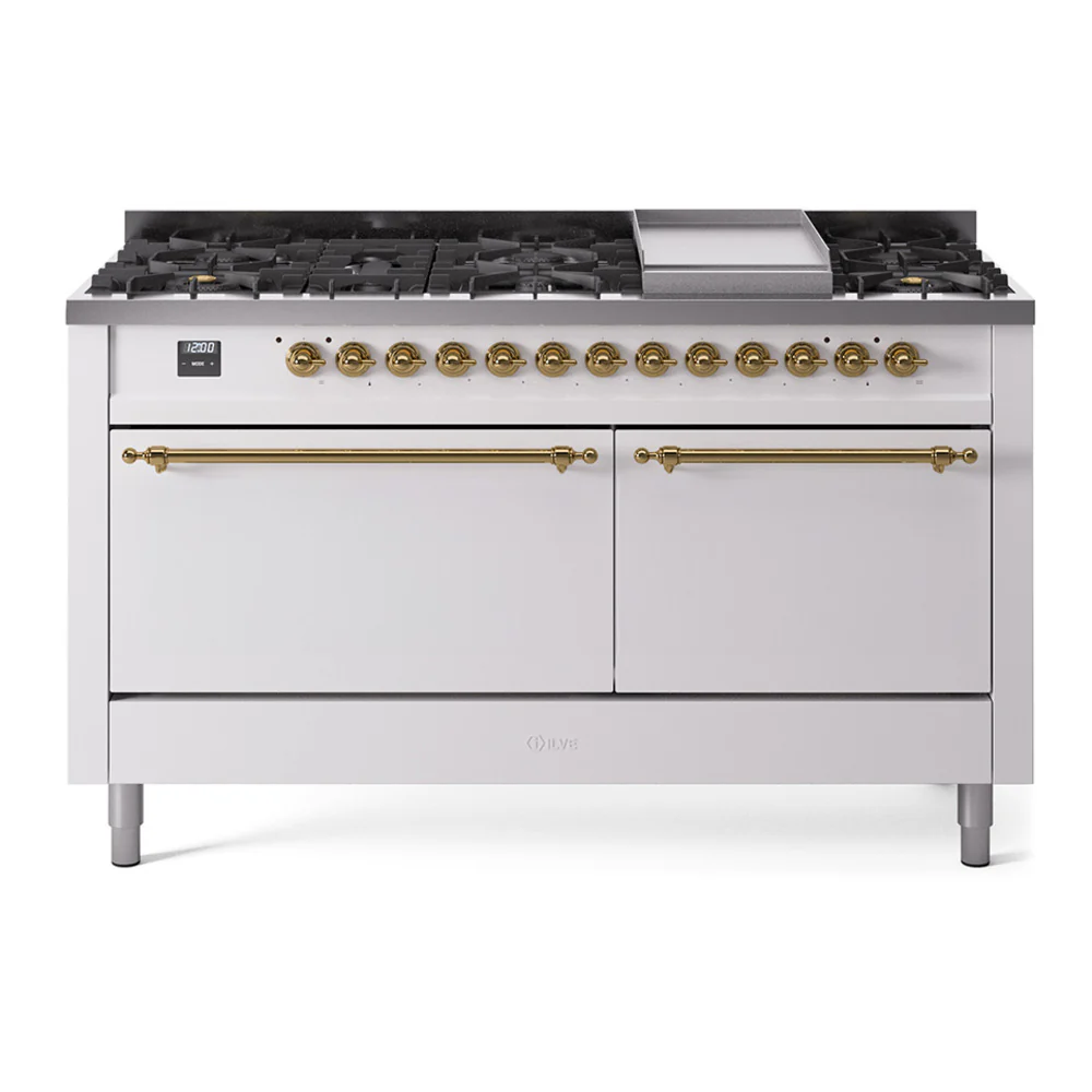 ILVE 60-Inch Nostalgie II Dual Fuel Range with 9 Burners, Griddle, and Solid Door Oven in White with Brass Trim (UP60FQNMPWHG)