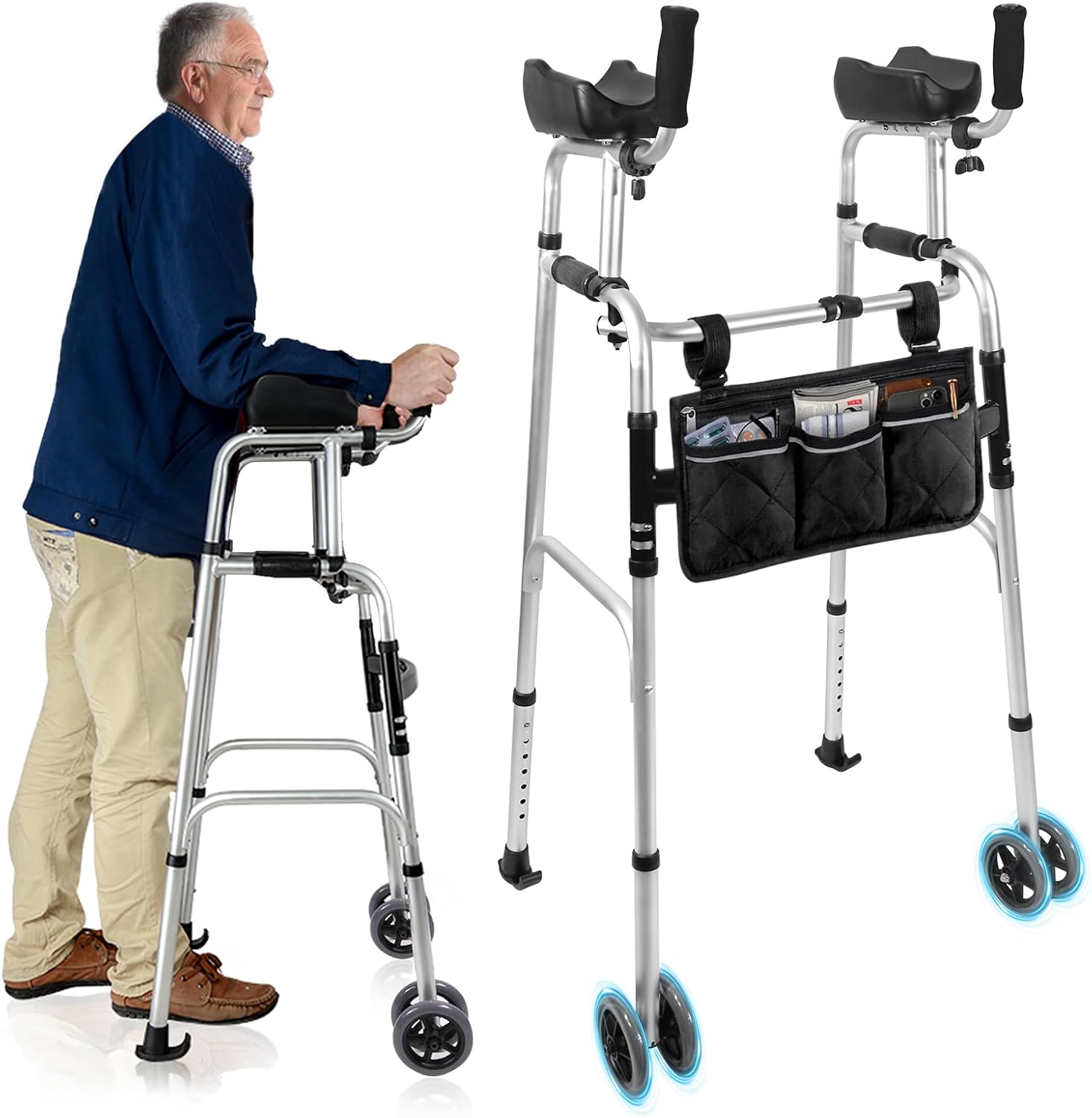 Dual-Wheel Stand Up Walker with Ball Bearing Wheels & Armrest Pad - Aluminum Standard Walker for Seniors, Height Adjustable Platform Walker with Arm Support, Foldable Design with Storage Bag, Silver