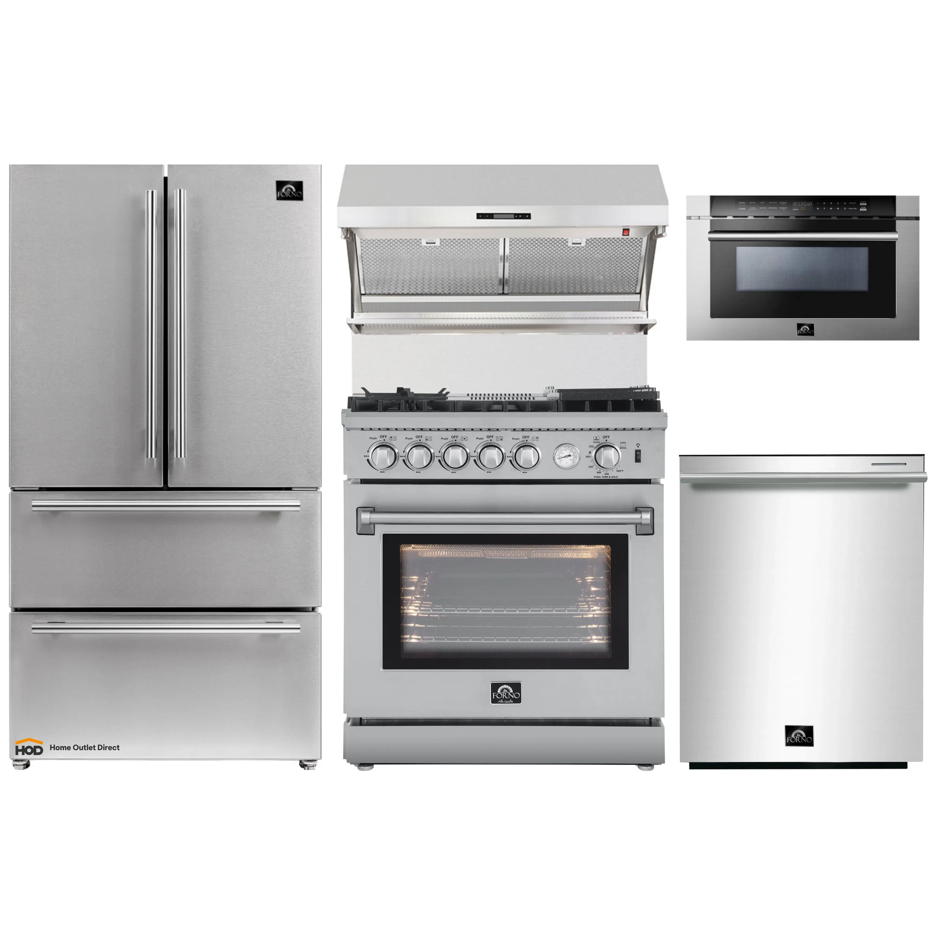 Forno 5-Piece Appliance Package - 30-Inch Gas Range with Air Fryer, Refrigerator, Wall Mount Hood with Backsplash, 24-Inch Microwave Drawer, & 3-Rack Dishwasher in Stainless Steel
