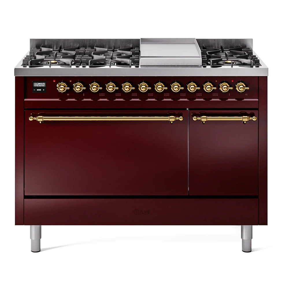 ILVE 48-Inch Nostalgie II Dual Fuel Range with 8 Burners, Griddle, and Solid Door Oven in Burgundy with Brass Trim (UP48FQNMPBUG)