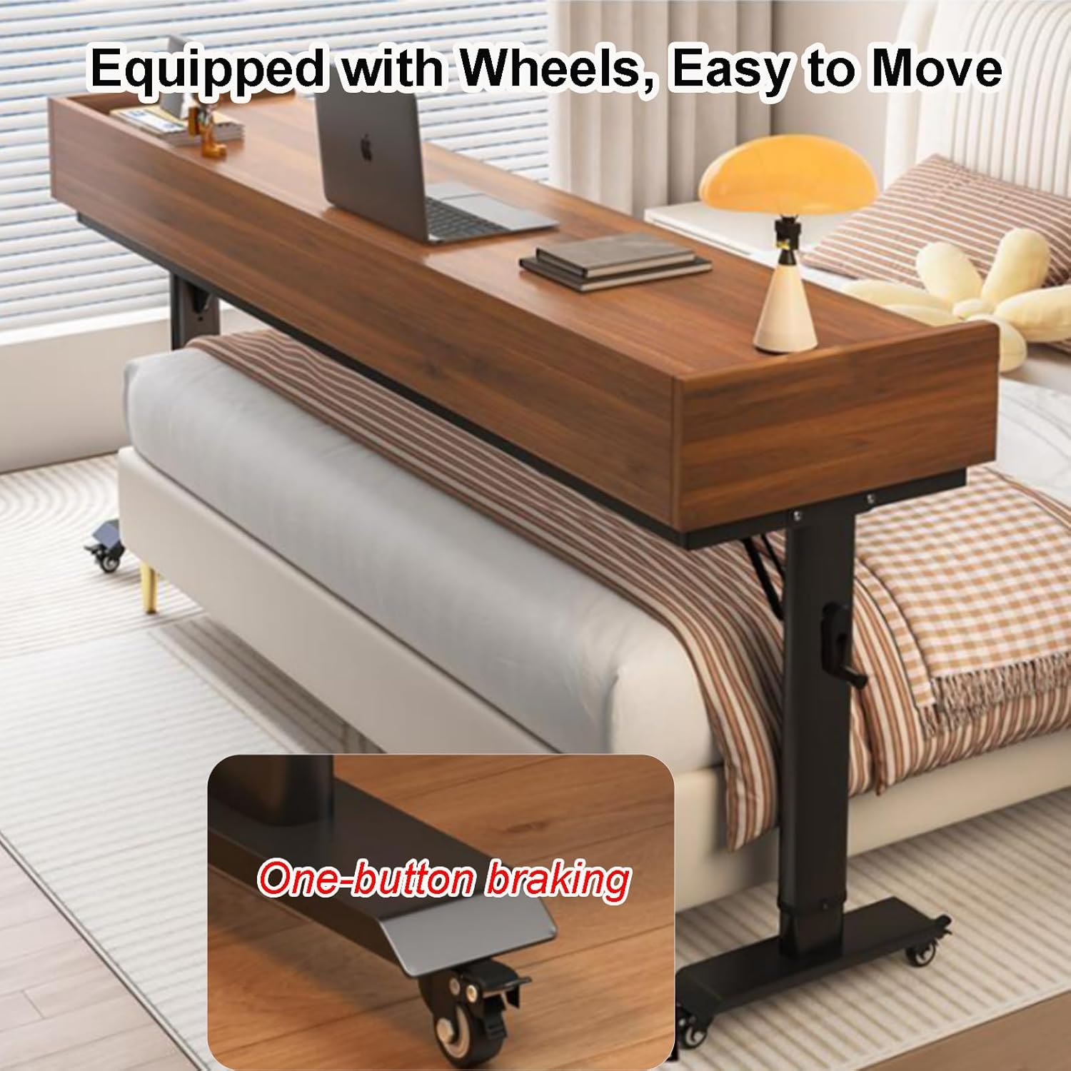 Over The Bed Desk with Wheels & Drawer, Height Adjustable Over The Bed Table, Crank Adjustment, Safety Baffle, Mobile Laptop Computer Cart for Hospital, Bedroom, Home Office Use