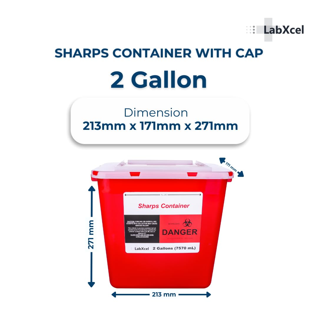 Polypropylene 2 Gallons Sharps Container with Cap – Needle & Syringe Disposal for Home & Professional Use, Free Standing, Translucent Sliding Lid, PVC-Free Medical Waste Bin – Red, 24 Count