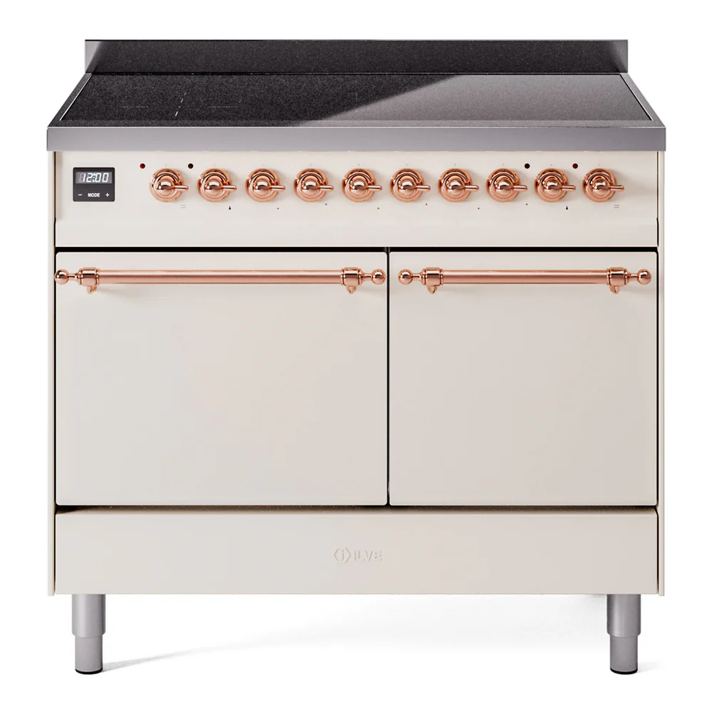 ILVE 40-Inch Nostalgie II Induction Range with Solid Door Oven in Antique White with Copper Trim (UPDI406QNMPAWP)