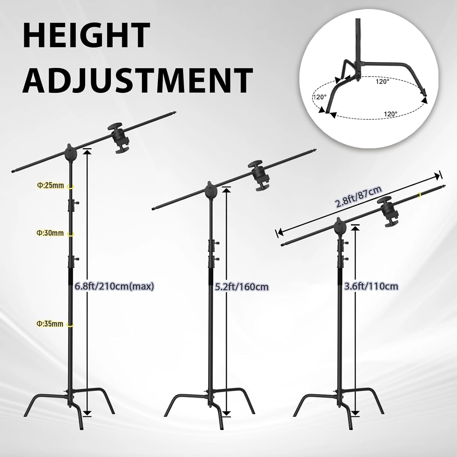 SH C Stand with Boom Arm, Heavy Duty Photography Light Stand, 6.8ft/210cm Stainless Steel C-Stand Kit with Sandbag, 2.8ft/87cm Boom for Studio Softbox and Reflector, Black