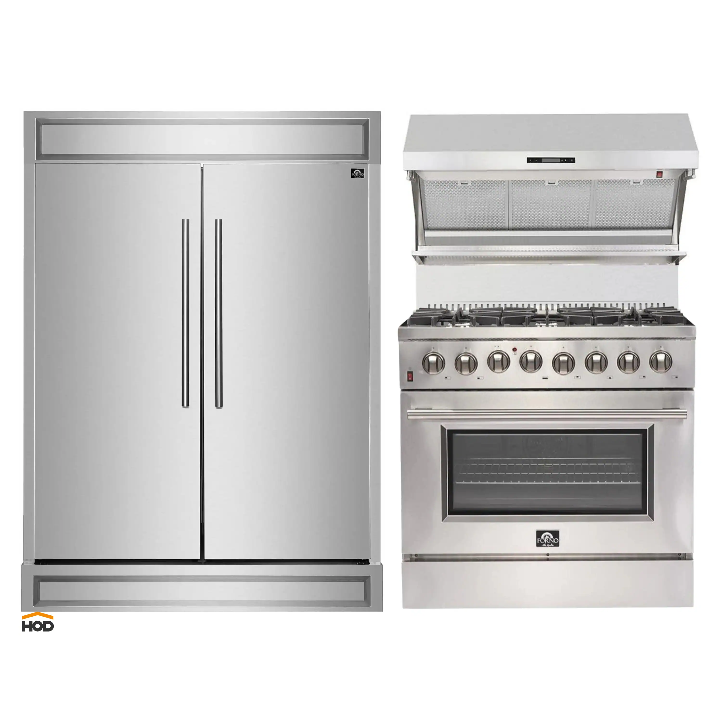 Forno 3-Piece Appliance Package - 36-Inch Dual Fuel Range, Refrigerator, & Wall Mount Hood with Backsplash in Stainless Steel