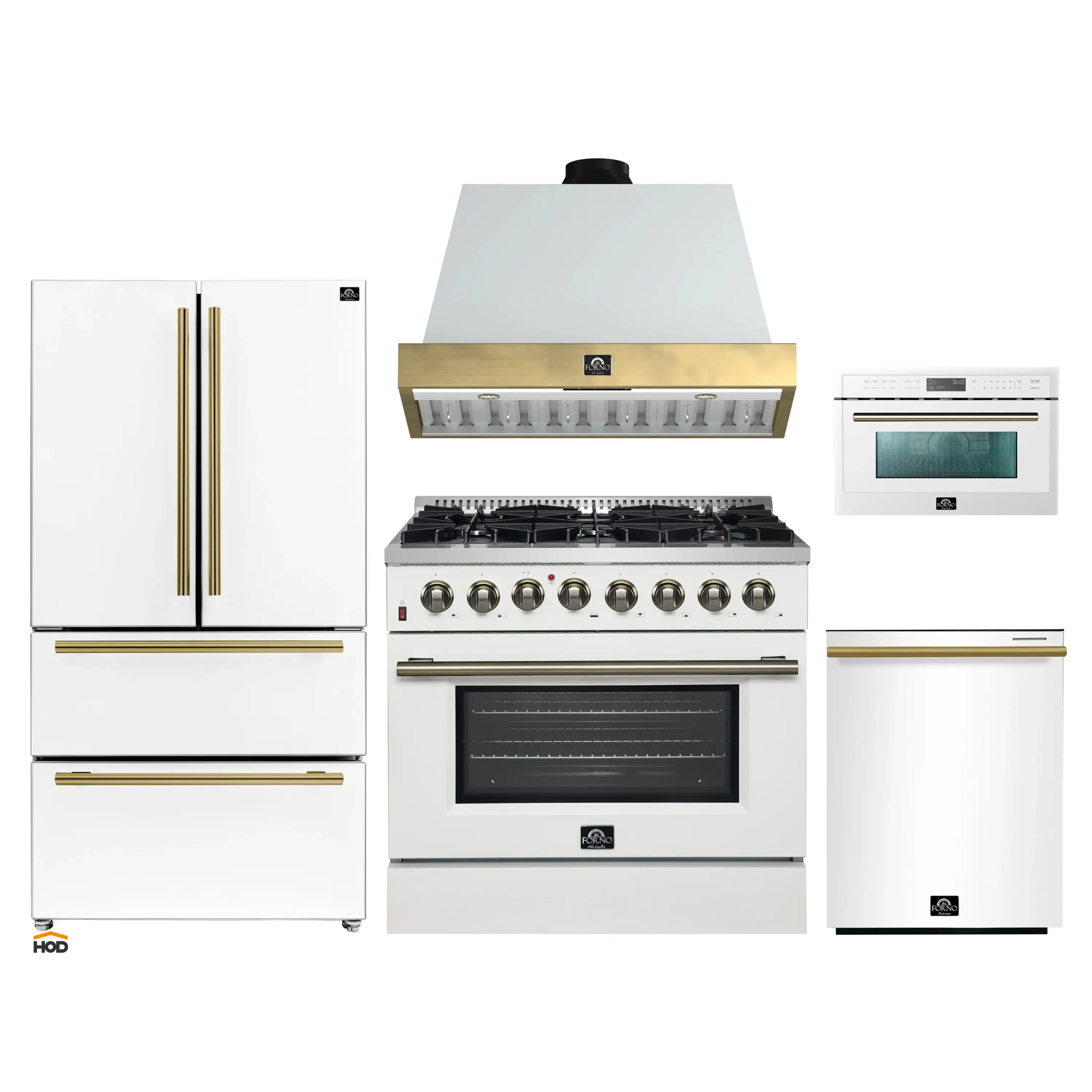 Forno Galiano 5-Piece Appliance Package - 36-Inch Dual Fuel Range, 36-Inch Hood, 36-Inch Refrigerator, 24-Inch Dishwasher, & 30-Inch Microwave Oven in White with Antique Brass Trim