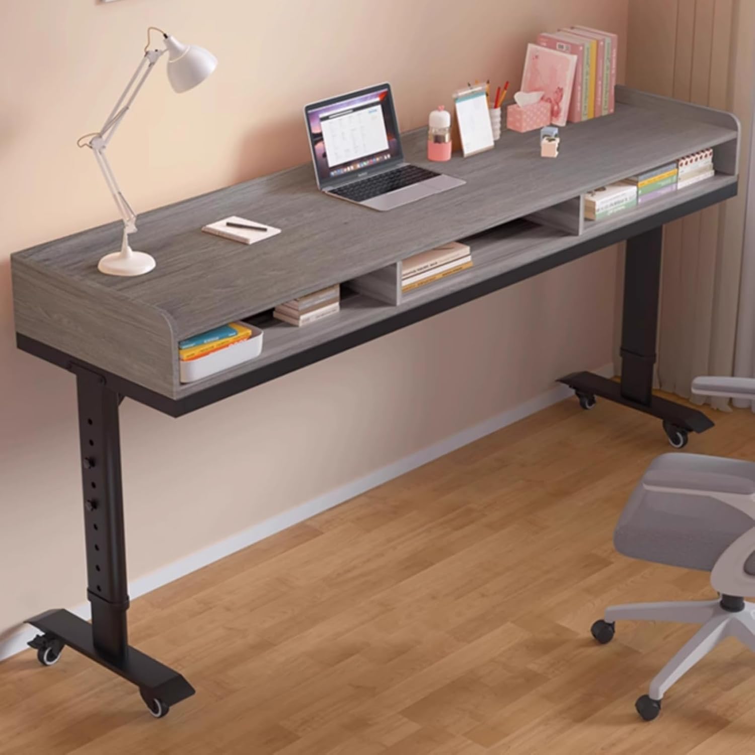 360° Rolling Wheels Over Bed Office Desk, Height Adjustable Overbed Table with Drawer and 3-Side Guard Rails, Laptop Workstation for Bedroom, Living Room(Gray,240cm/94.4in)