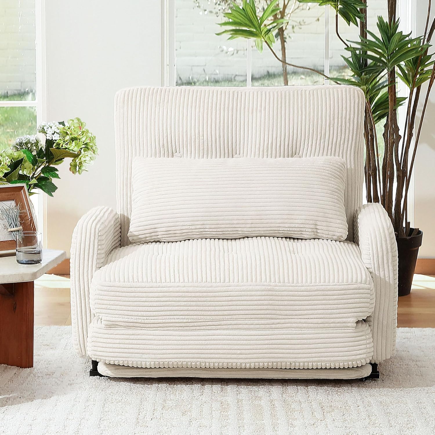 HomeMiYN Adjustable Folding Sofa Bed, Multifunctional Bean Bag Bed, 5-Position Back Support Convertible Lazy Sleeper Chair with Pillow, Adults Lounge Couch with arms, for Living Room, Bedroom,Beige