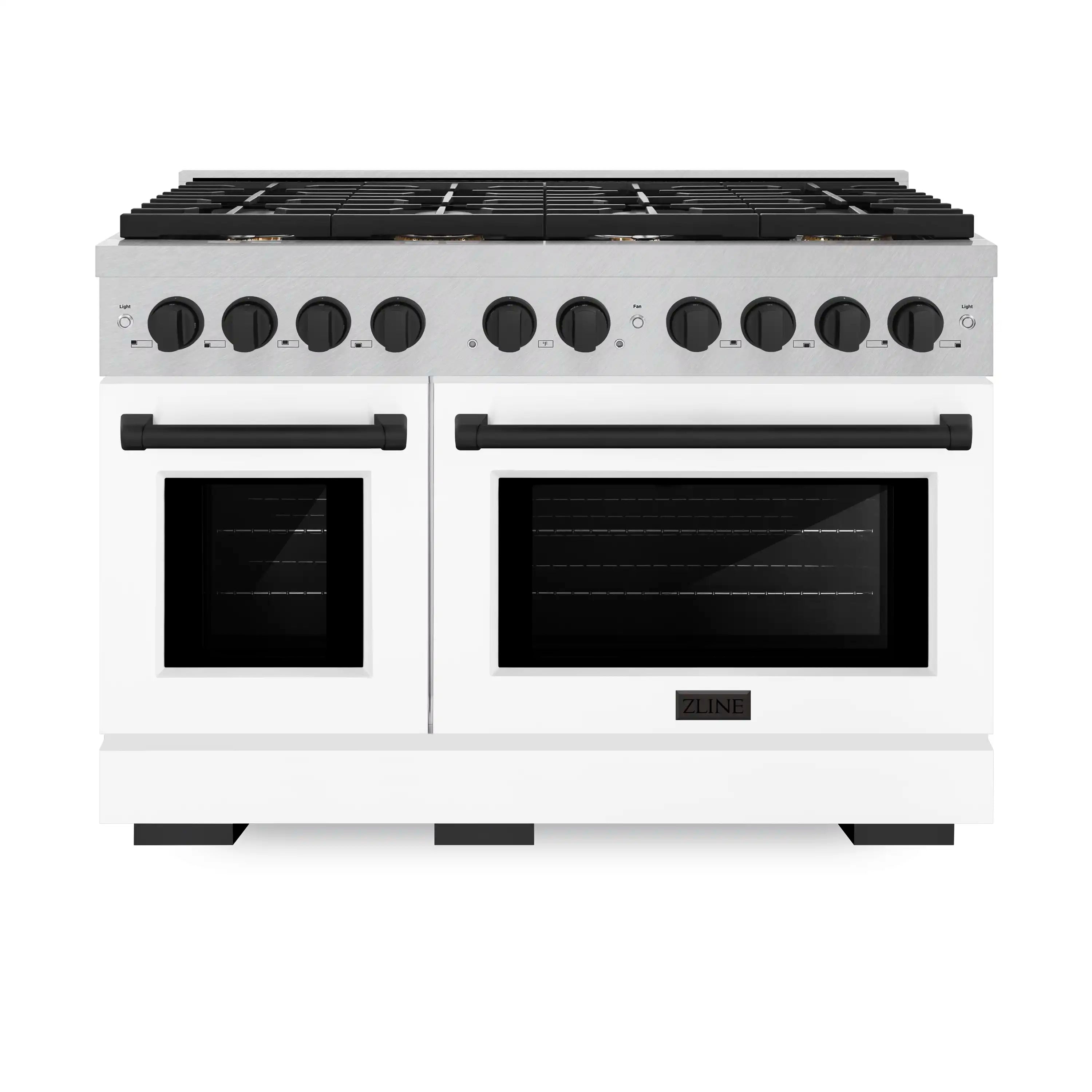ZLINE Autograph Edition 48-Inch 6.7 cu. ft. Paramount Double Oven Dual Fuel Range with 8 Burner Gas Cooktop in Satin Stainless Steel with White Matte Doors and Matte Black Accents (SDRSZ-WM-48-MB)