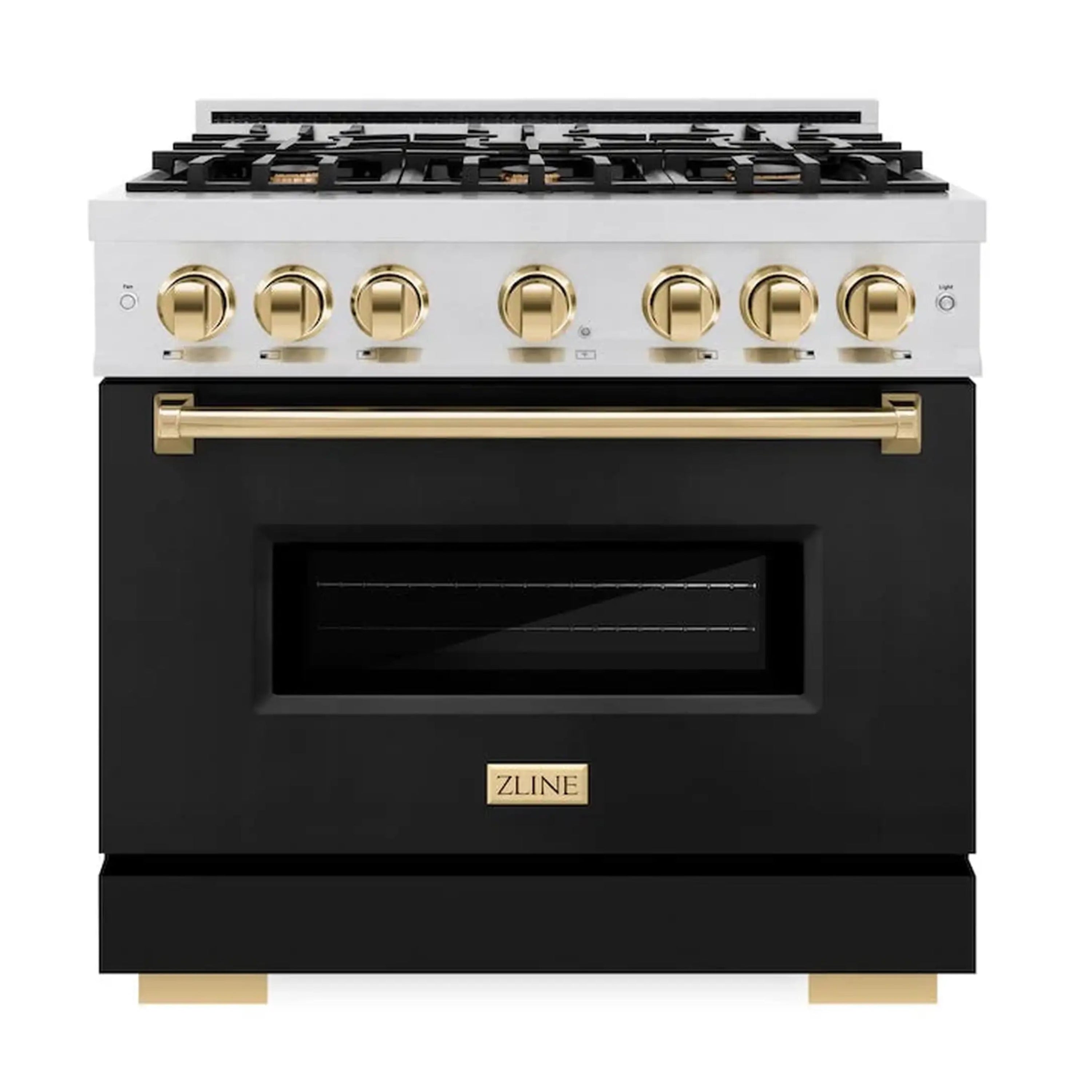 ZLINE Autograph Edition 36-Inch Classic Series Dual Fuel Range with 6 Gas Burner Cooktop and 5.2 Cu. Ft. Electric Convection Oven in Satin Stainless Steel with Black Matte Door and Polished Gold Accents (CDRSZ-BLM-36-G)