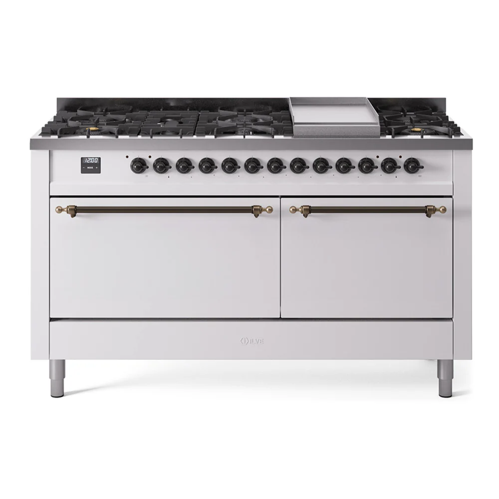 ILVE 60-Inch Nostalgie II Dual Fuel Range with 9 Burners, Griddle, and Solid Door Oven in White with Bronze Trim (UP60FQNMPWHB)