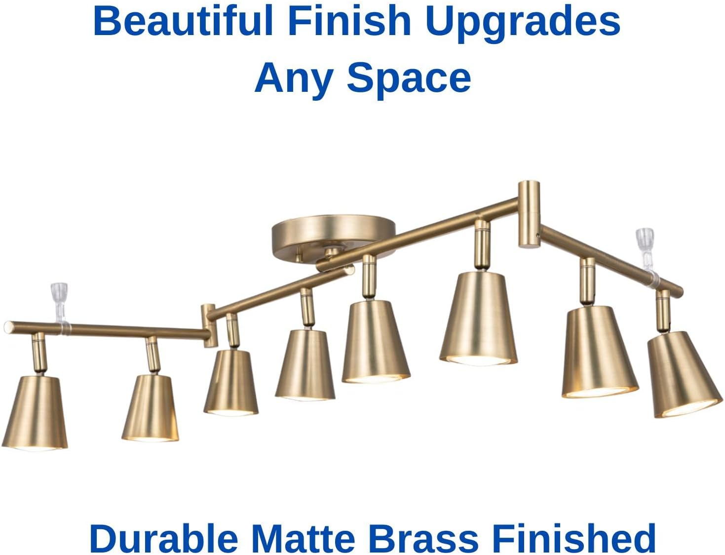 8 Light LED Track Lighting Kit, Matte Brass Adjustable with Moden Flush Mount Ceiling Spotlight,GU10 Socket Bulbs,Flexible Foldable Arms for Kitchen,Dining,Living Room, Bedroom