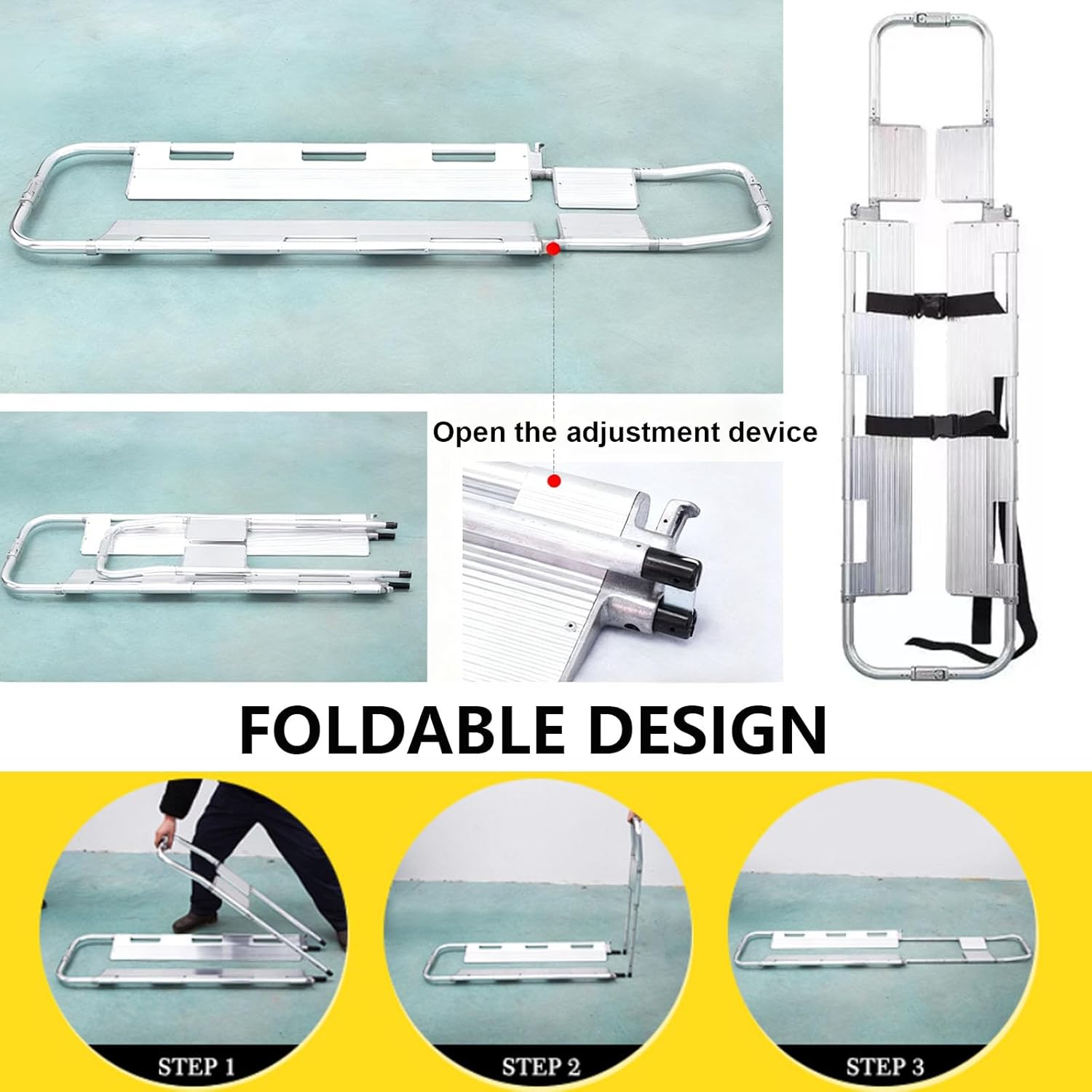 Adjustable Length Aluminum Alloy Scoop Stretcher Foldable Medical Stretcher with Safety Strap Left Right Sides Can Be Separated Suitable for Accident Scenes and Sudden Illnesses Yellow