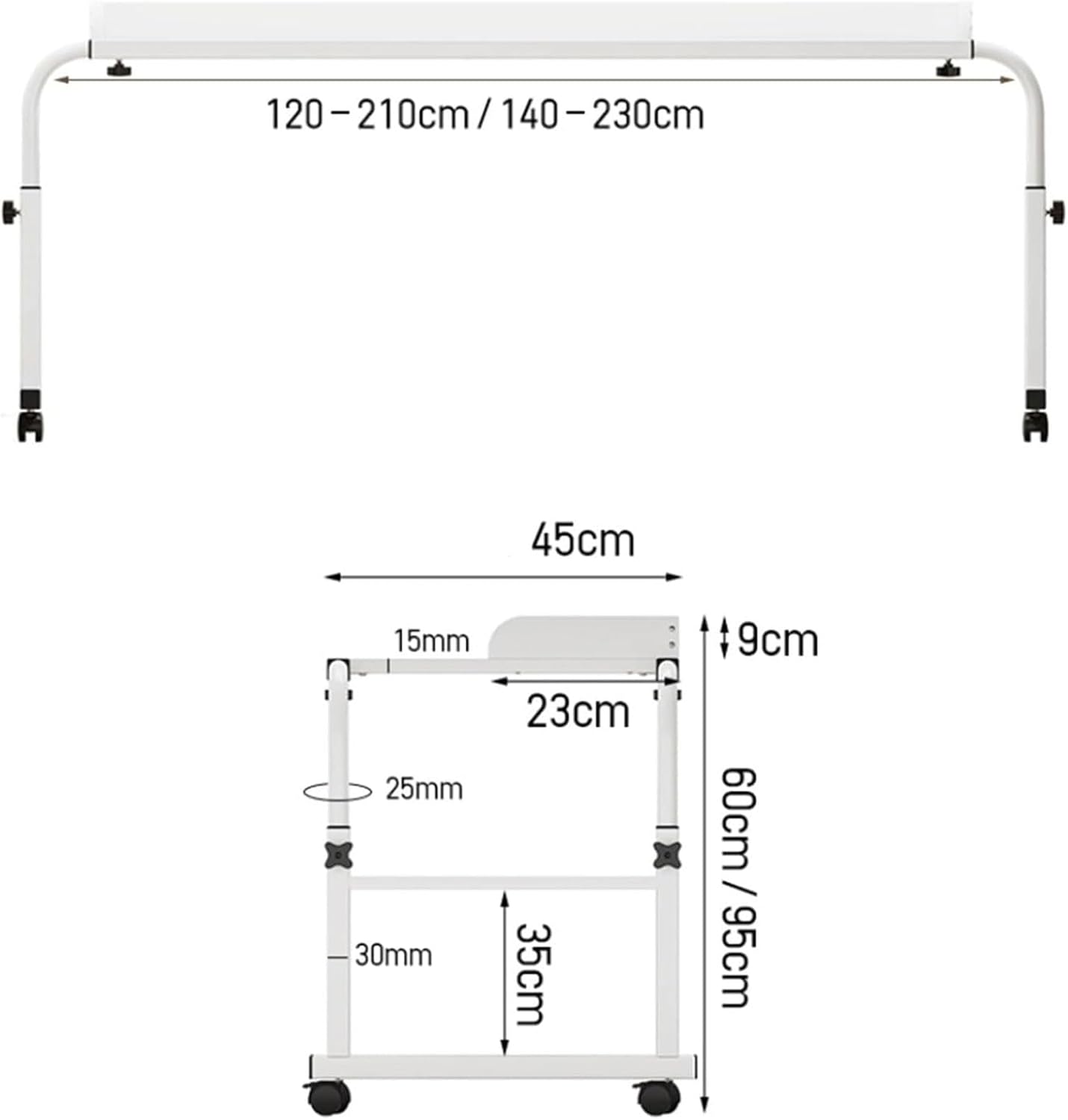 Overbed Table with Wheels, Height Adjustable Mobile Bed Desk, Standing Workstation Laptop Cart, Over The Bed Table for Home Office Bedroom Hospital,White with Baffle,120cm