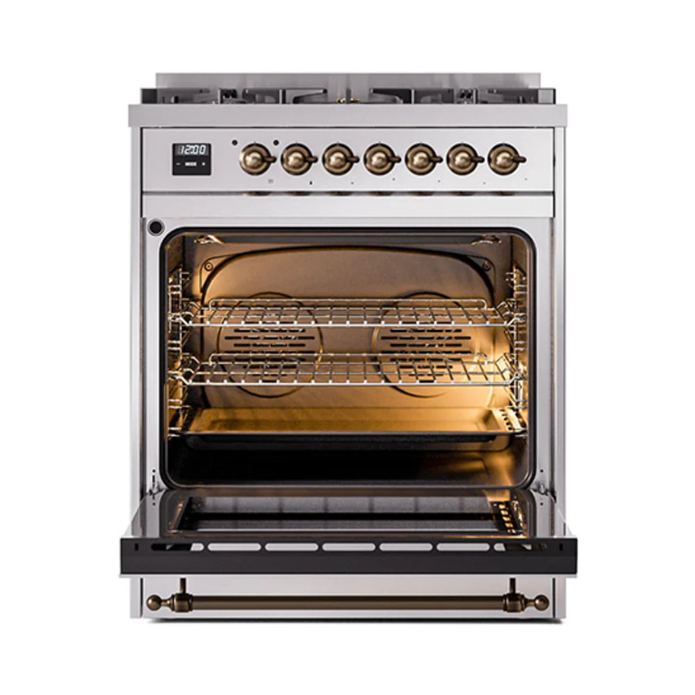 ILVE Nostalgie II Noblesse 30-Inch Dual Fuel Range with Solid Door in Stainless Steel with Bronze Trim (UN30QNMPSSB)