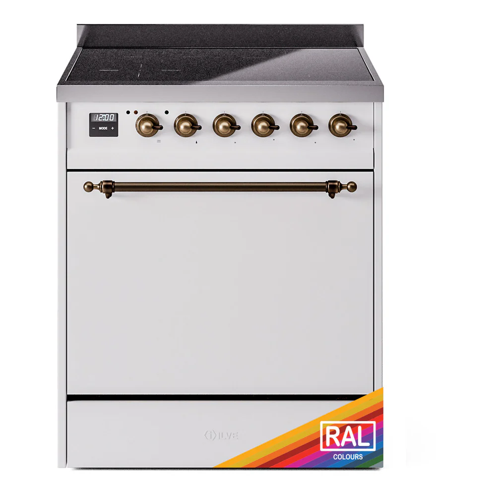 ILVE 30-Inch Nostalgie II Induction Range with Solid Door Oven in Custom RAL in Bronze Trim (UPI304QNMPRAB)