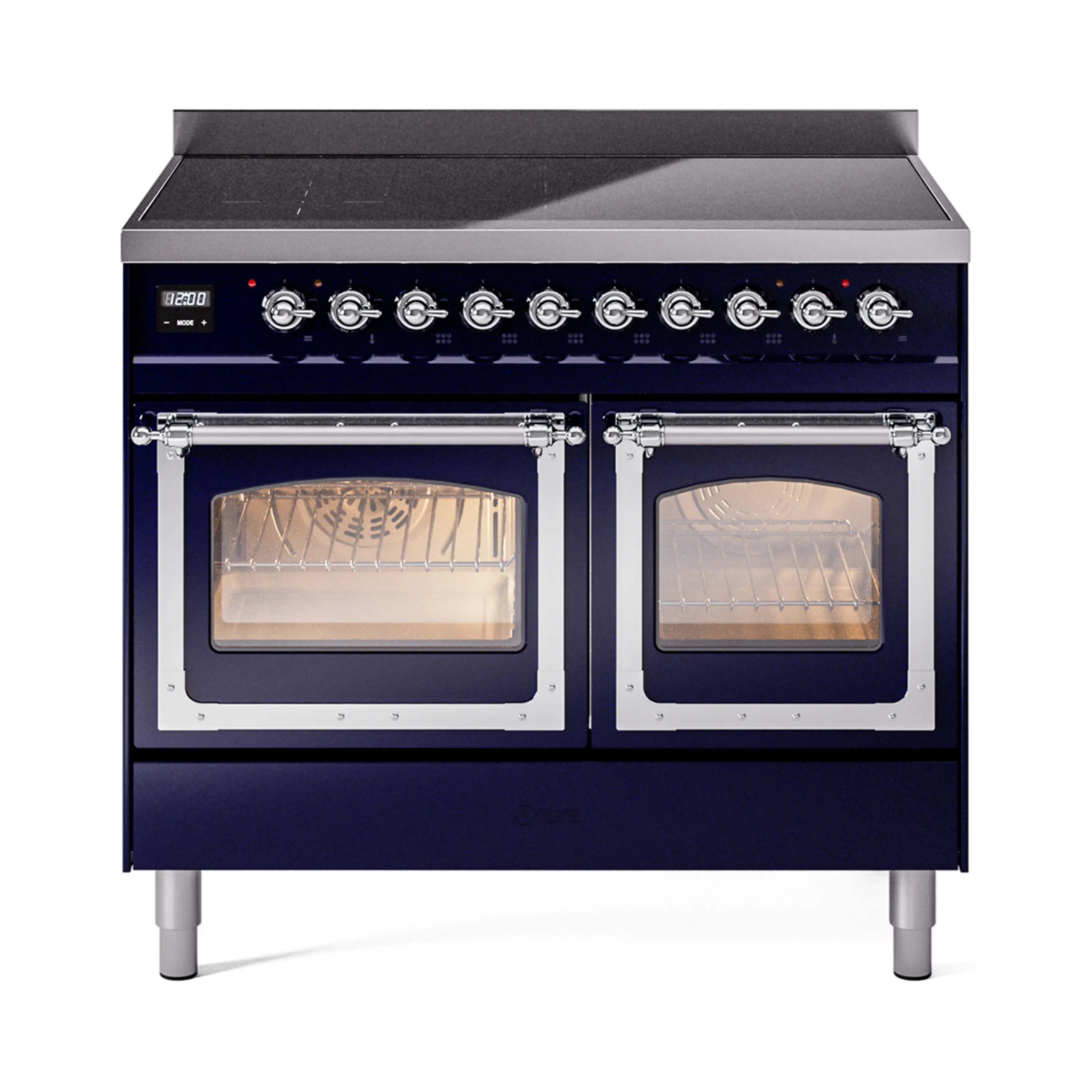 ILVE 40-Inch Nostalgie II Noblesse Induction Range with Triple Glass Door in Midnight Blue with Chrome Trim (UNDI406NMPMBC)
