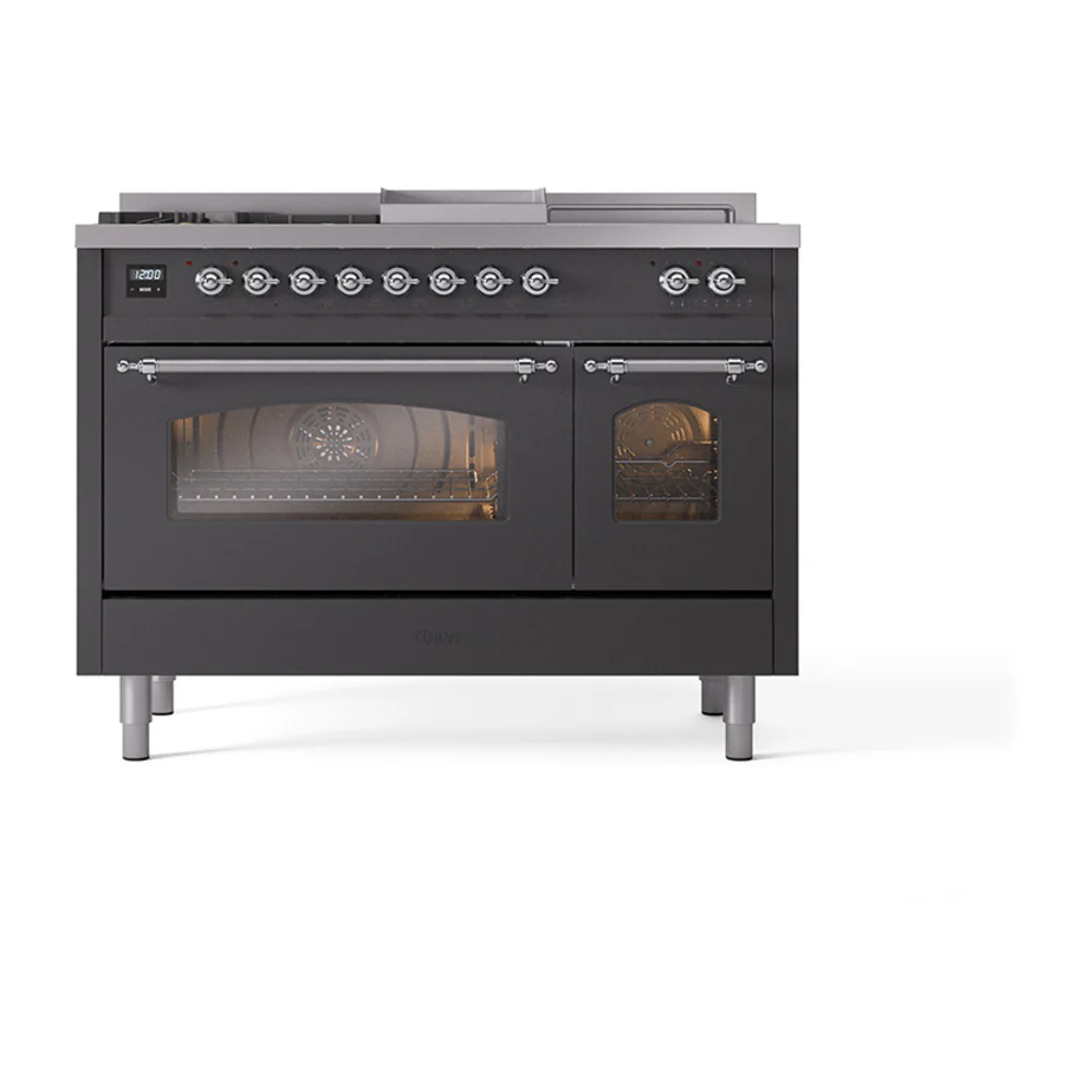 ILVE Nostalgie II 48-Inch Dual Fuel Range with 5 Burners, Griddle, & French Top with Triple Glass Door Oven in Matte Graphite with Chrome Trim (UP48FSNMPMGC)