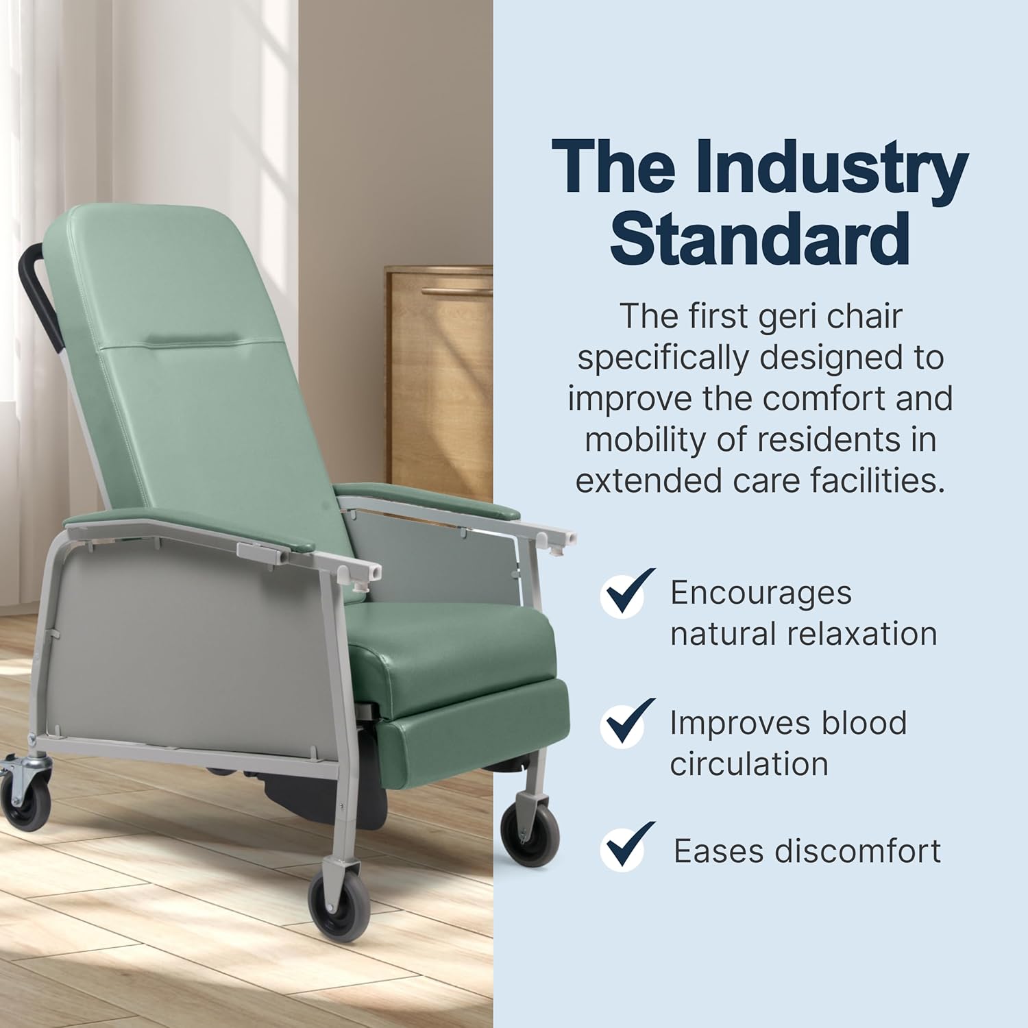 Lumex 3-Position Medical Recliner, Reclining Geri Chair with Wheels, Jade