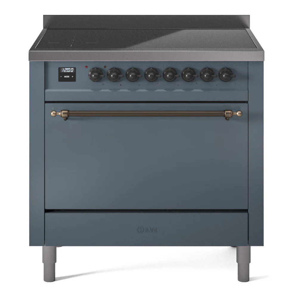 ILVE 36-Inch Nostalgie II Induction Range with Solid Door Oven in Blue Grey with Bronze Trim (UPI366QNMPBGB)